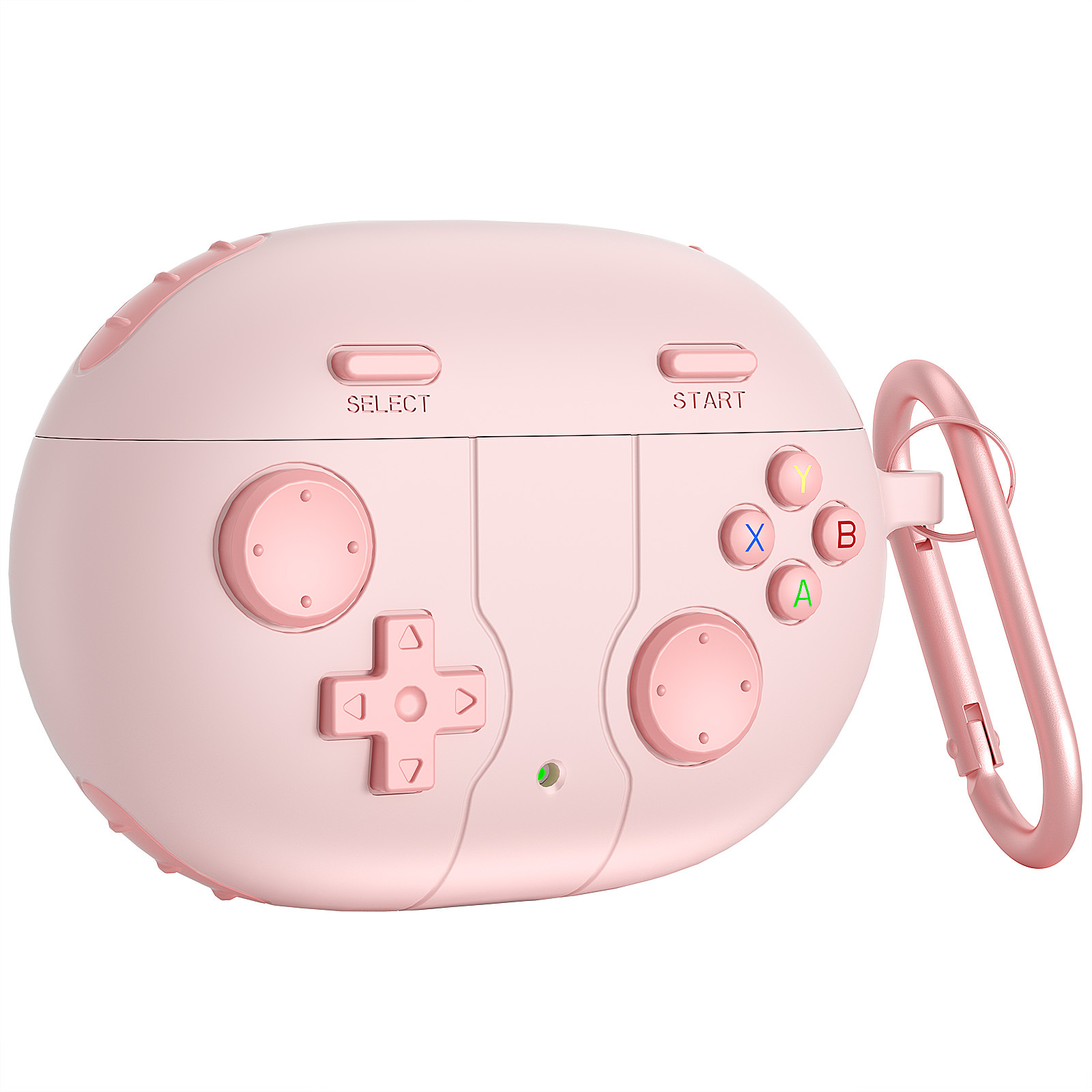 Una custodia rosa a forma di controller di gioco con pulsanti e moschettone. I pulsanti includono SELECT, START e pulsanti di azione colorati.