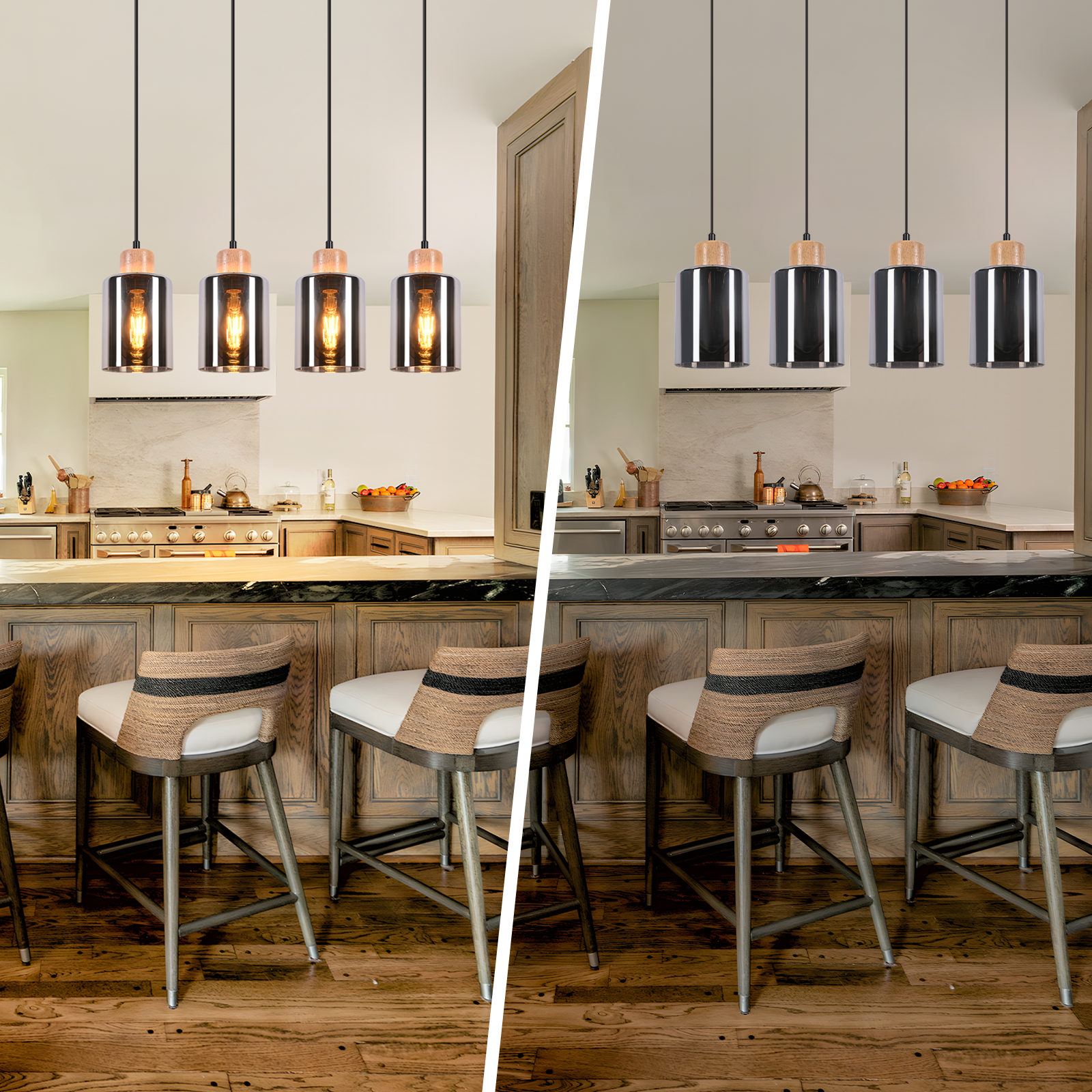 Cocina dividida en dos: luces y taburetes. El lado izquierdo tiene bombillas encendidas. La derecha tiene luces negras. Suelo y armarios de madera.