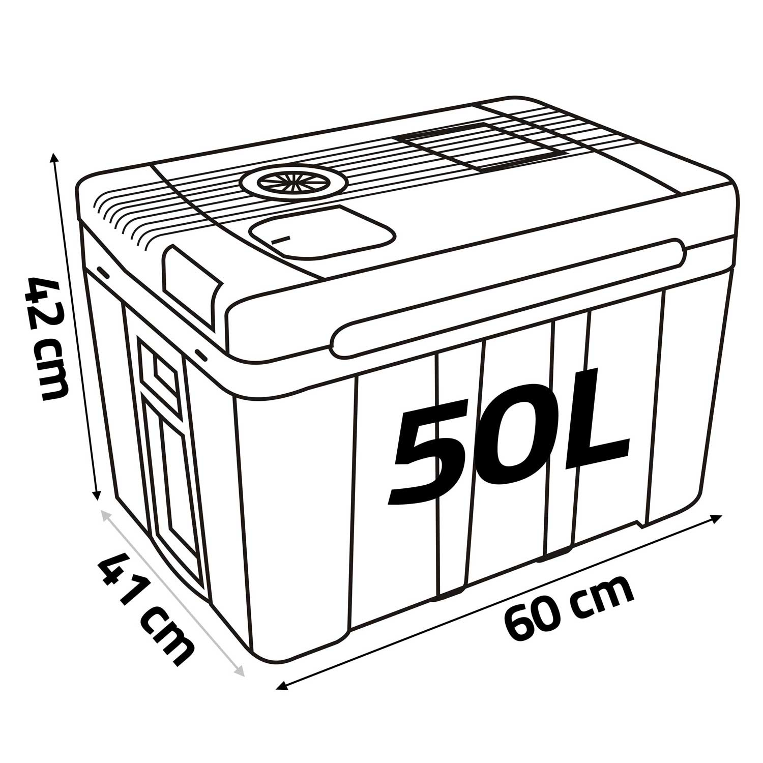 Czarno-biała lodówka turystyczna, pojemność 50L. Wymiary to: 42 cm wysokości, 41 cm szerokości i 60 cm długości.