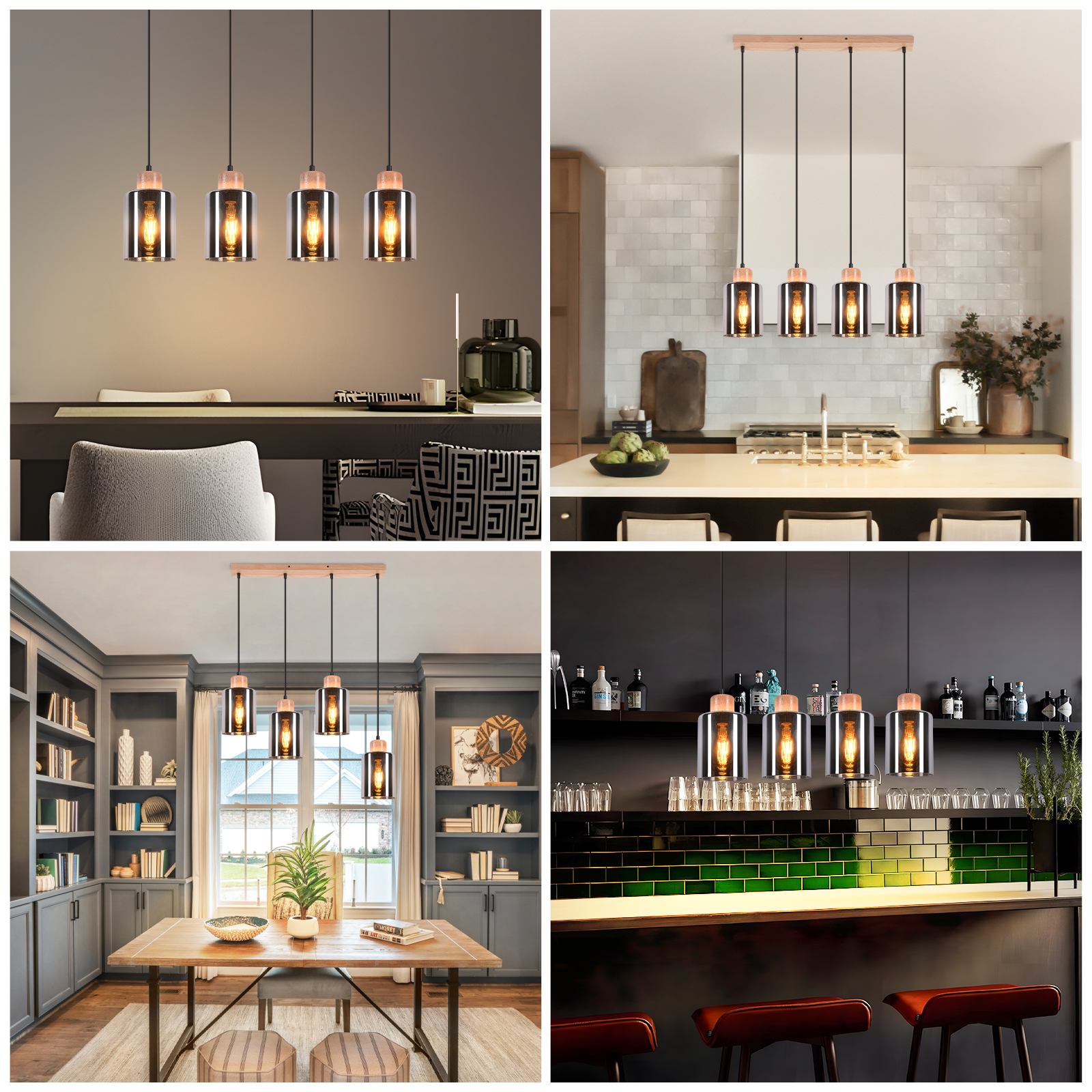 Cuatro luces colgantes con tapas de madera cuelgan sobre una mesa en una habitación. Las luces son cilíndricas con bombillas visibles.
