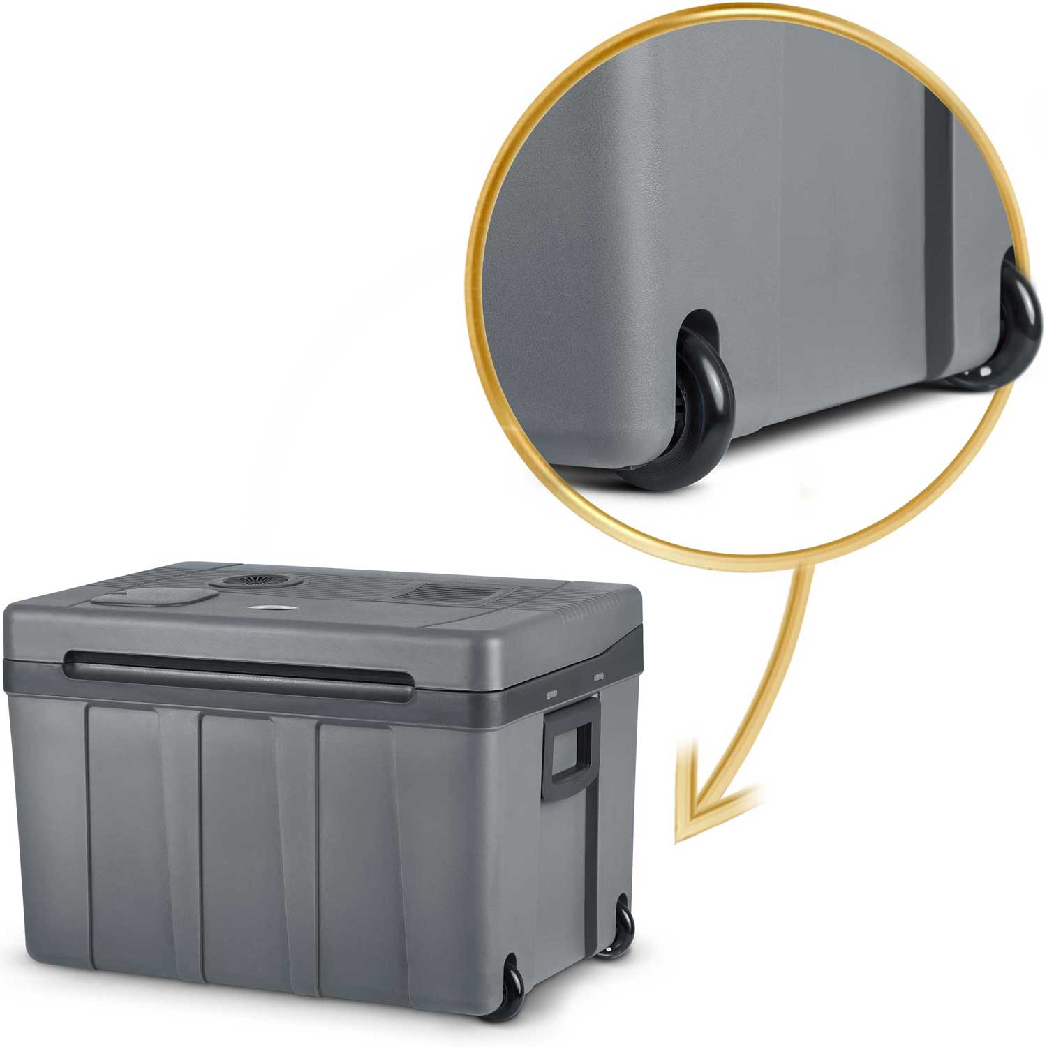 Szara lodówka na kółkach ze zbliżeniem na szczegóły koła. Złoty okrąg podkreśla koło.