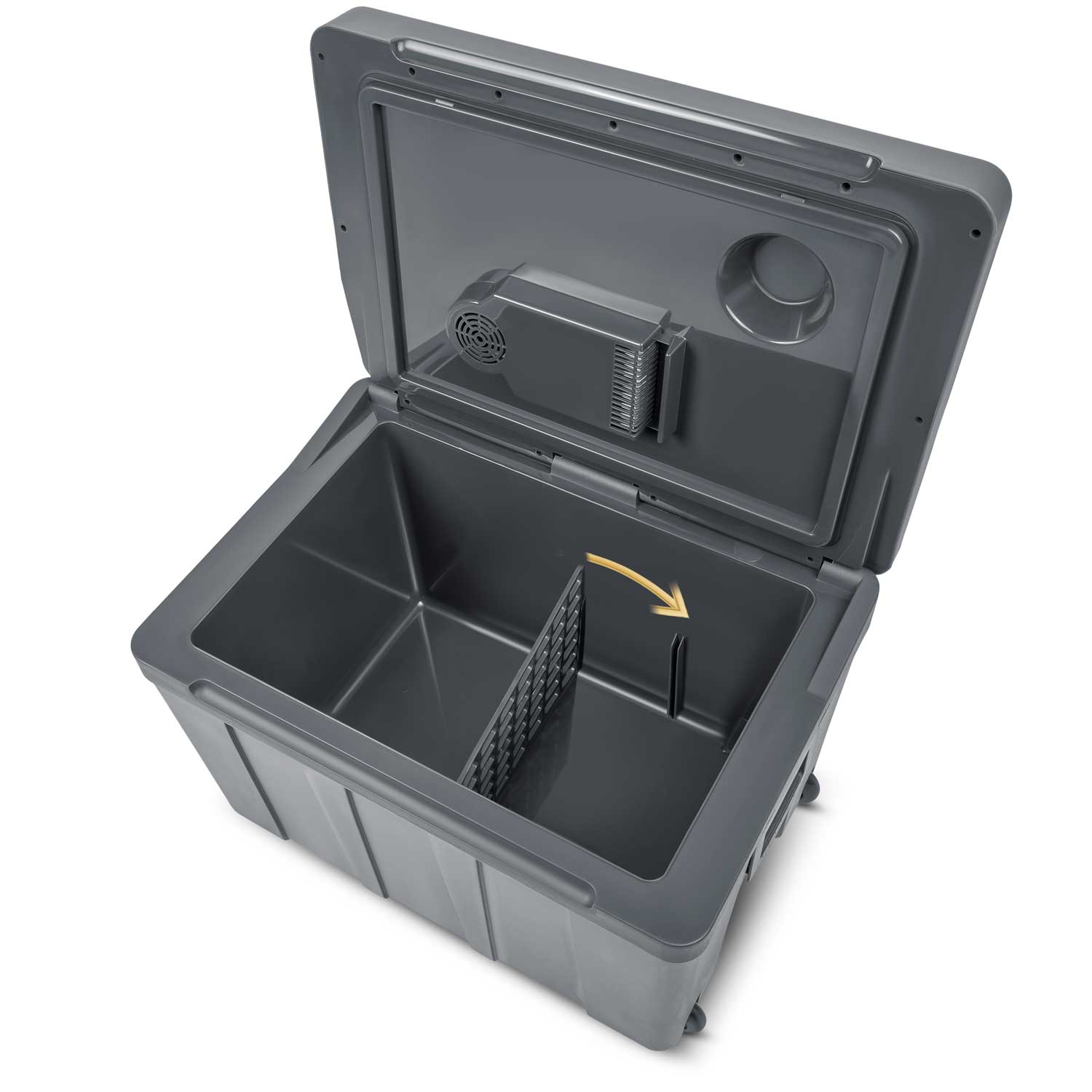 Szara chłodziarka z otwartą pokrywą. Wewnątrz dwie przegrody i przegroda. Wentylator i otwór znajdują się na pokrywie.