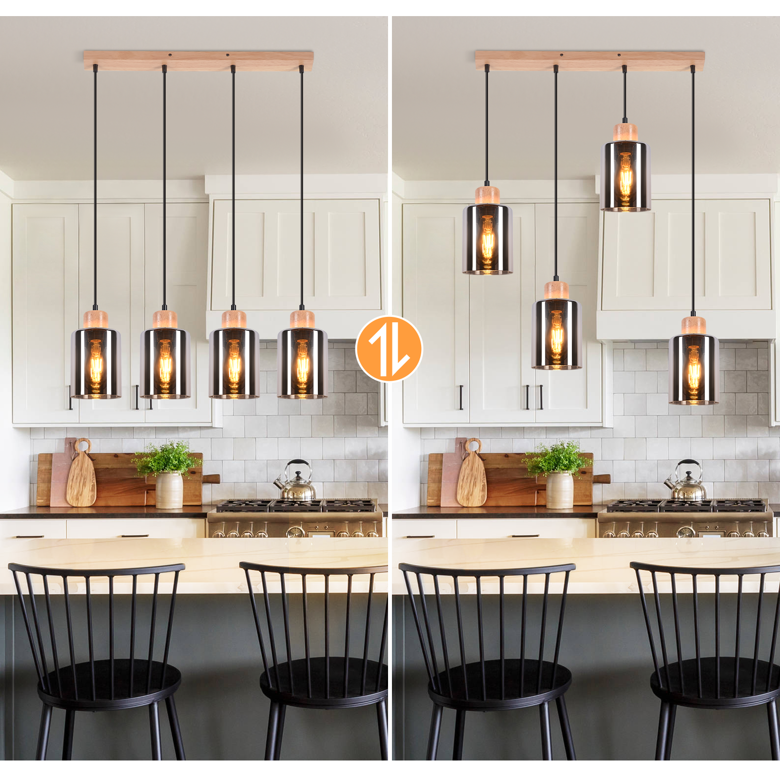 Escena de cocina con luces colgantes. Viga de madera con cables negros. Isla de cocina con sillas negras. Armarios al fondo.