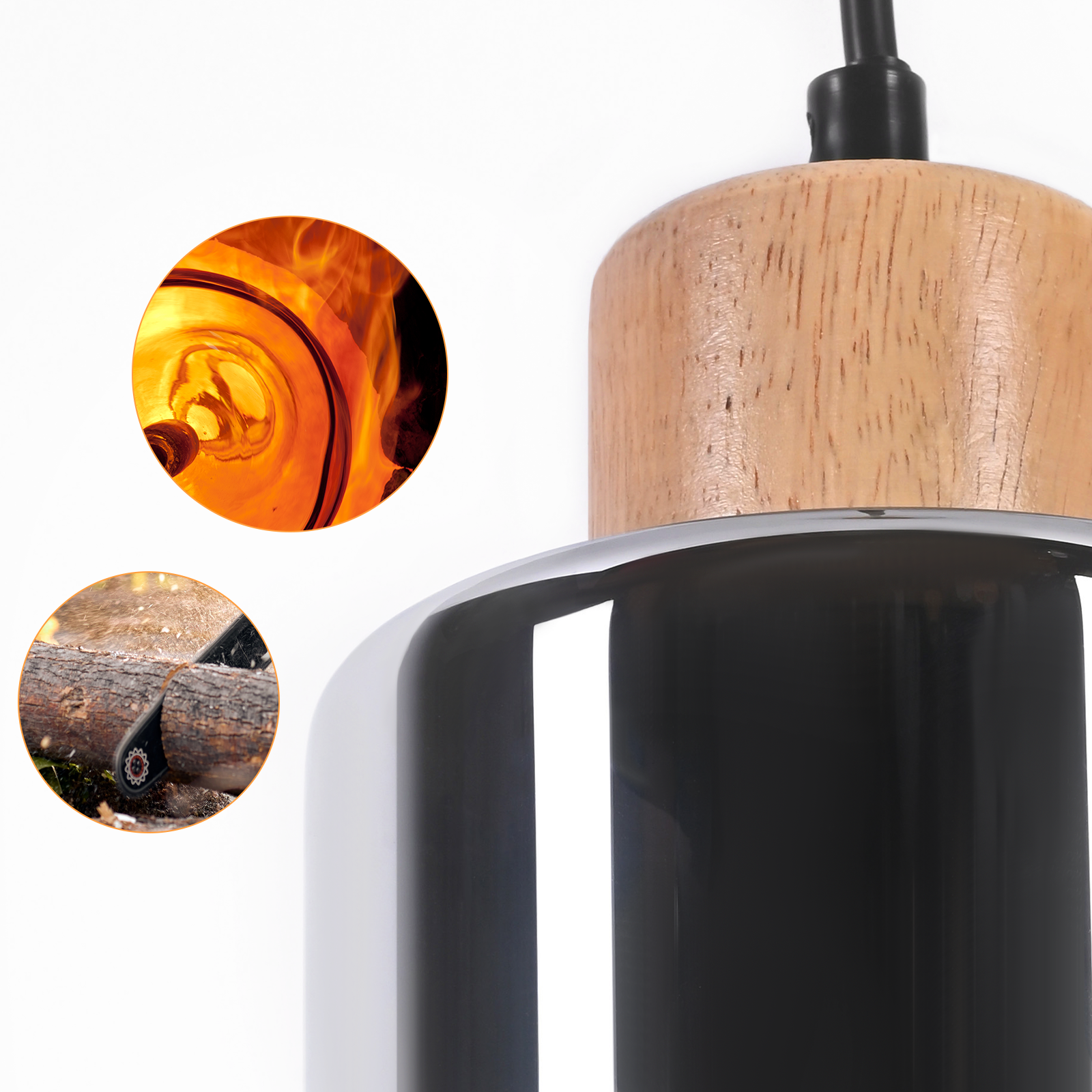Primer plano de una lámpara con tapa de madera y pantalla negra. Dos imágenes muestran llamas y una motosierra.