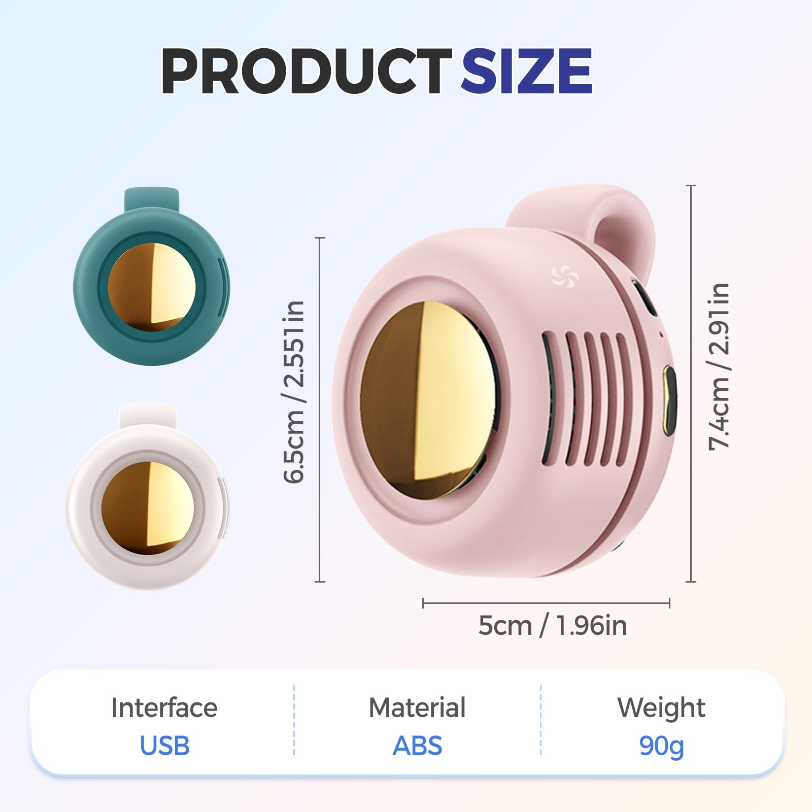 Tragbarer rosa und teal Ventilator mit Abmessungen und Spezifikationen. USB-Schnittstelle, ABS-Material, 90g Gewicht. Produktdetails sind angegeben.