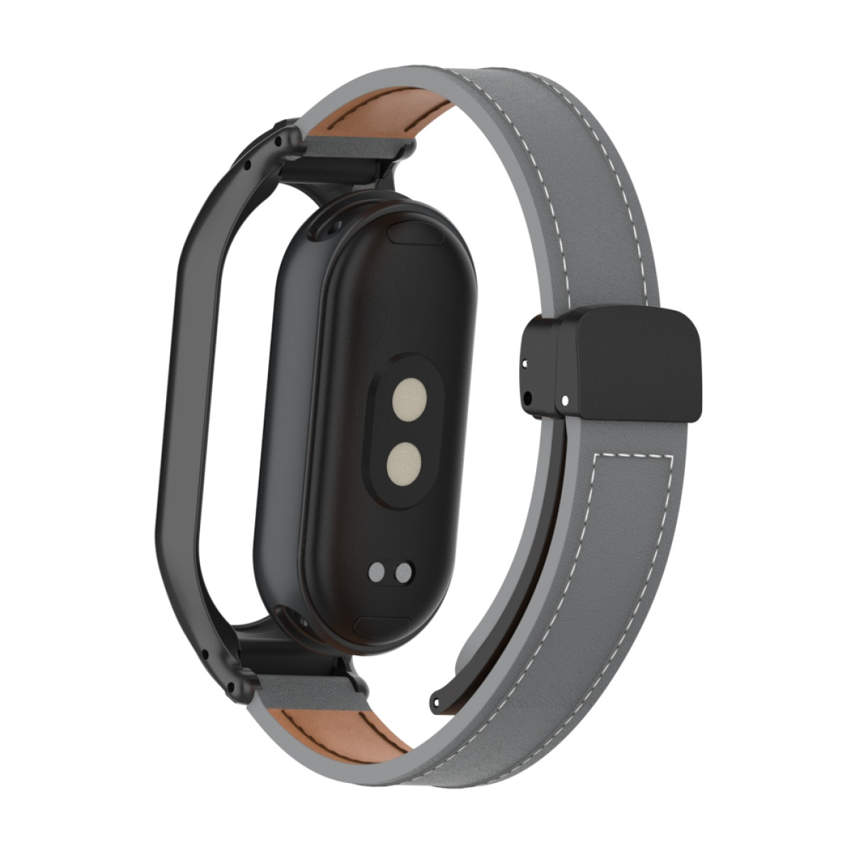 Ein schwarzer Fitnesstracker mit grauem Lederarmband und braunem Innenraum. Zwei weiße Punkte und ein kleiner schwarzer Bereich sind sichtbar.