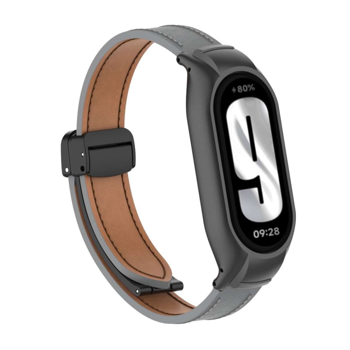 Smartwatch mit grauem Lederarmband, schwarzem Gehäuse und Digitalanzeige mit Uhrzeit und Akkustand. Braunes Leder innen.