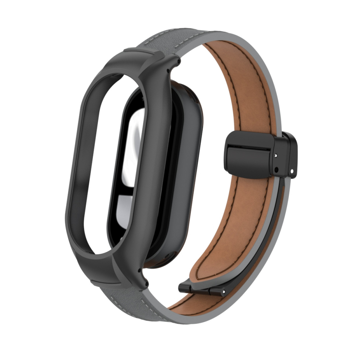 Ein schwarzes Smartwatch-Armband mit grauem Lederband. Das Zifferblatt ist schwarz. Das Band wickelt sich um sich selbst.