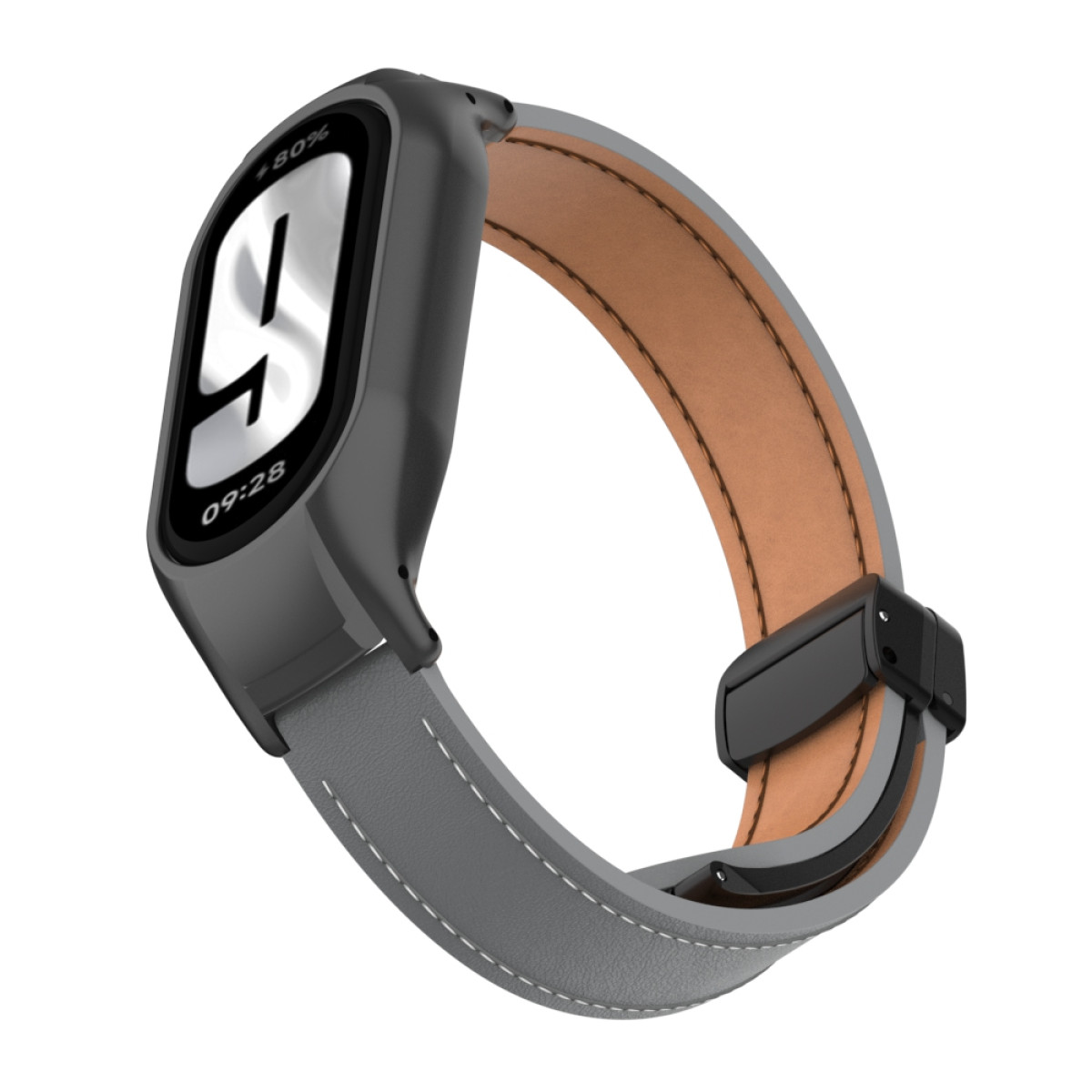Eine Smartwatch mit grauem Armband und Lederinnenraum. Der Bildschirm zeigt die Zahl 9 und die Uhrzeit 09:28 an.