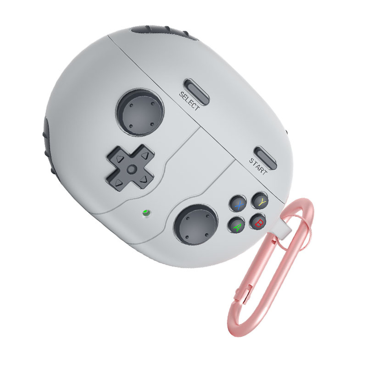 Ein weißes, Gamepad-förmiges Etui für Ohrhörer. Es hat Knöpfe, ein Steuerkreuz und einen rosa Karabinerhaken.