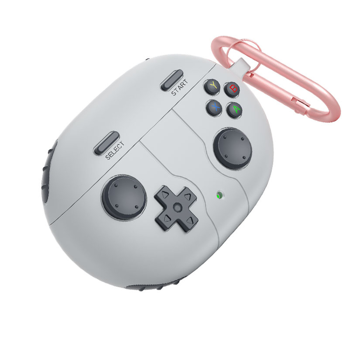 Weißes, gamecontrollerförmiges AirPods-Case mit Knöpfen, einem Joystick und einem rosafarbenen Karabinerhaken auf weißem Hintergrund.