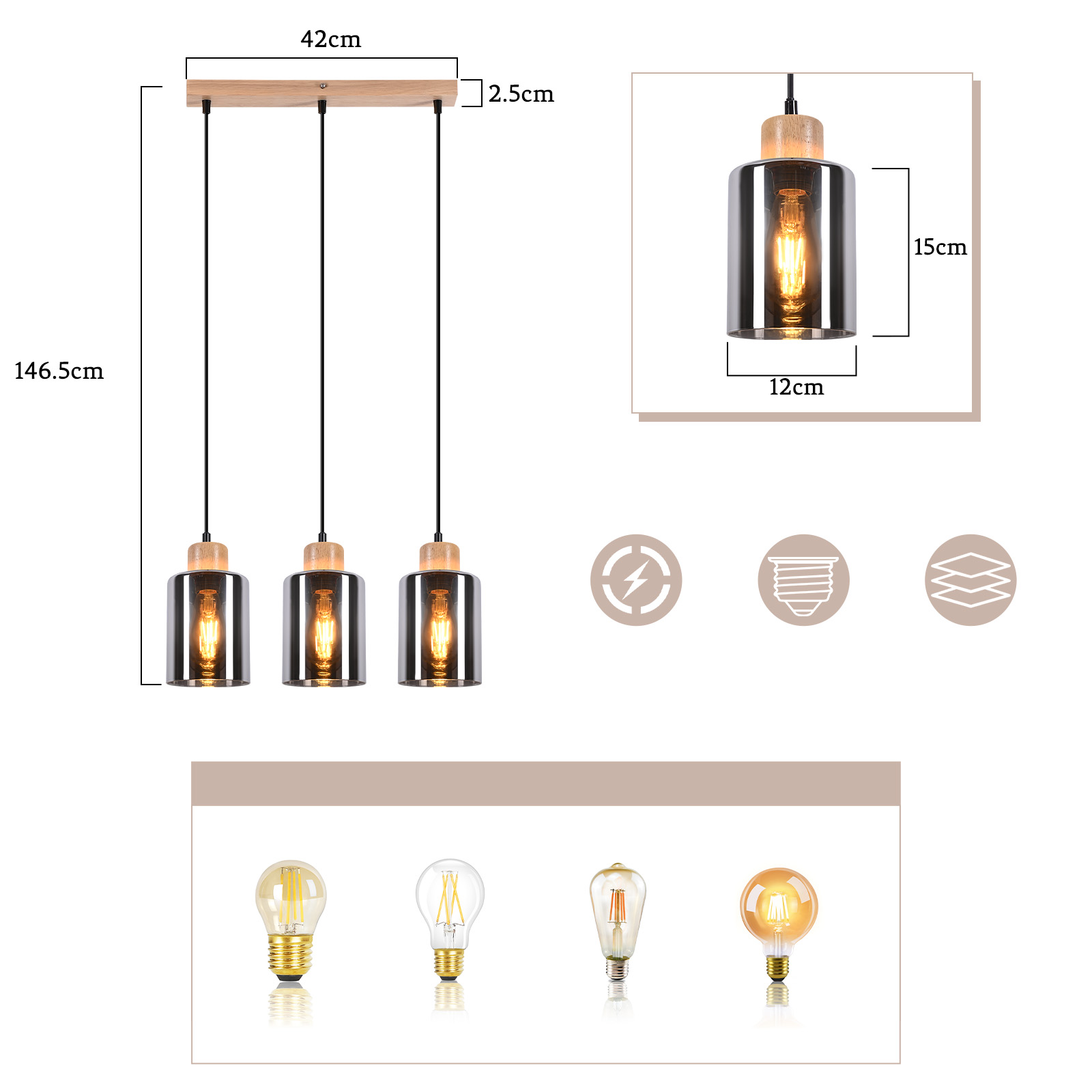 Kronleuchter mit drei Lampen. Jede Lampe hat eine Holzoberseite und einen Glaszylinder. Unten sind vier verschiedene Glühbirnen abgebildet.