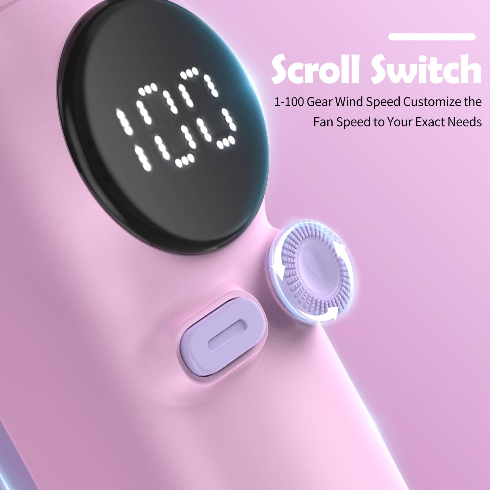 Rosa Gerät mit digitaler Anzeige 100. Es hat einen Scroll-Schalter und eine Taste. Text lautet 'Scroll Switch'.