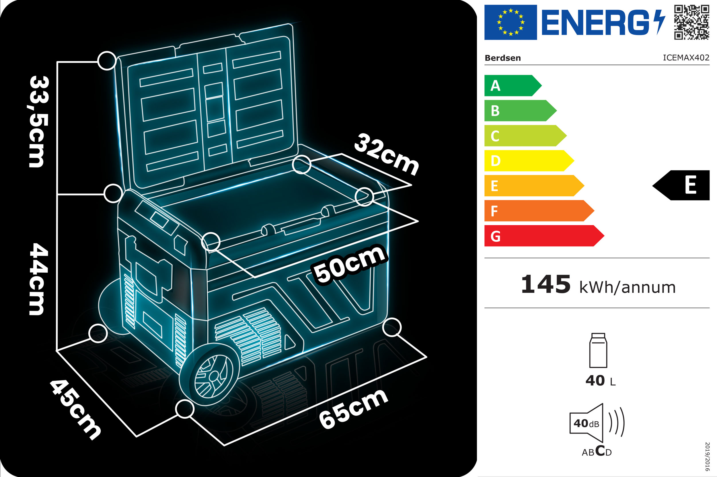 Neonowo-niebieska chłodziarka z wymiarami. Etykieta efektywności energetycznej po prawej. Czarne tło.