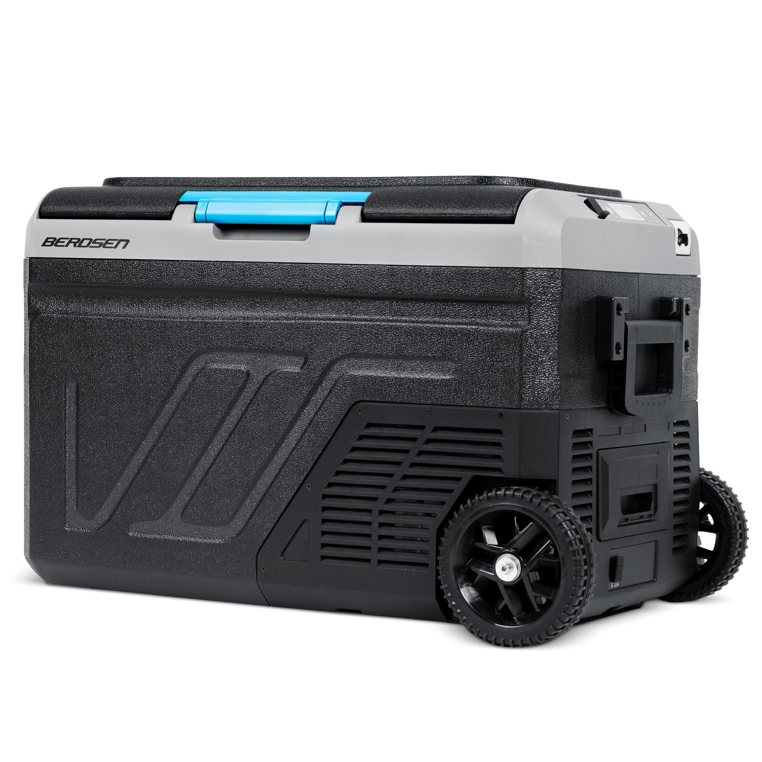 Czarno-szara chłodziarka BEROSEN z kółkami. Ma niebieski uchwyt i jest na białym tle.