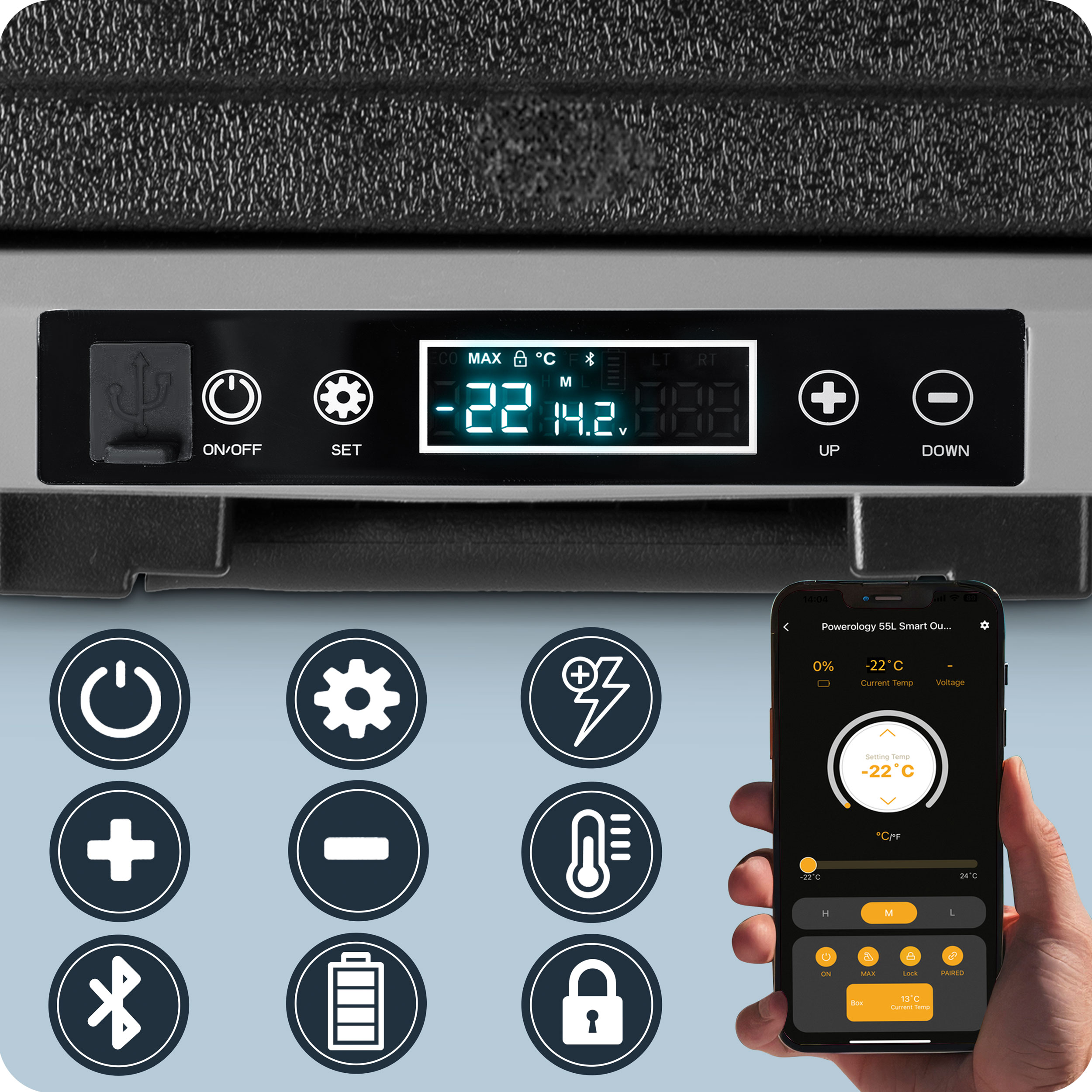 Panel sterowania chłodziarki pokazuje -22°C, telefon pokazuje tę samą temperaturę. Widoczne są również ikony i przyciski.