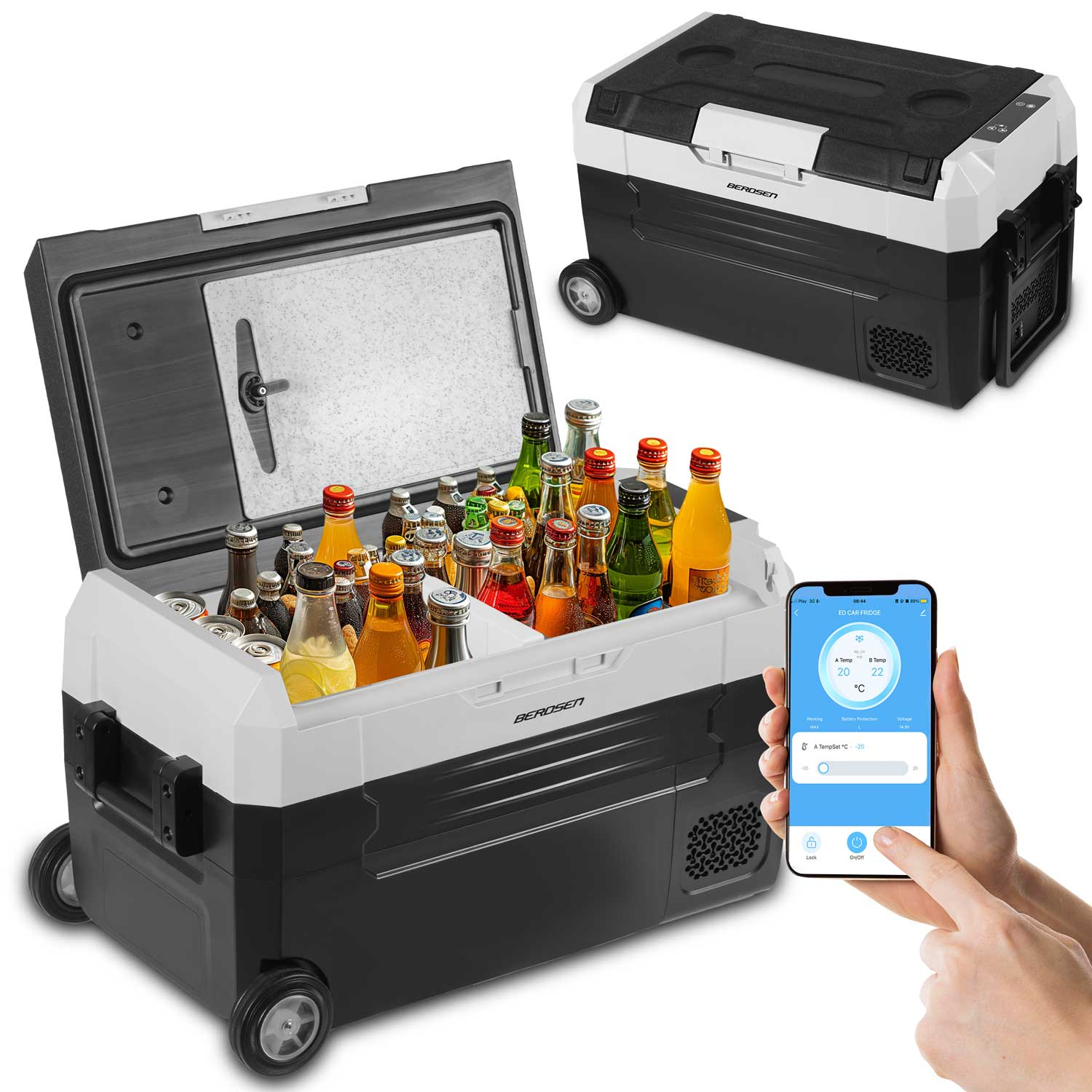 Otwarta przenośna lodówka z napojami. Zamknięta lodówka i telefon pokazujący temperaturę są również obecne. Koła na lodówce.