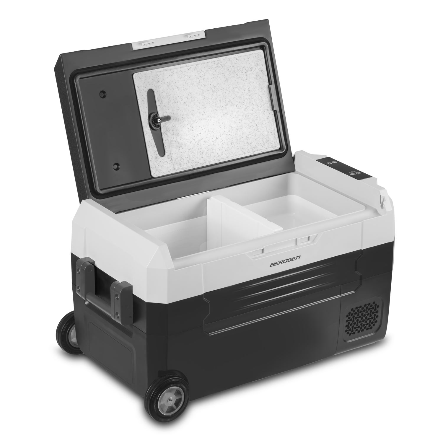 Czarno-biała przenośna lodówka z otwartą pokrywą, pokazująca komory wewnętrzne. Posiada kółka i uchwyt ułatwiający transport.