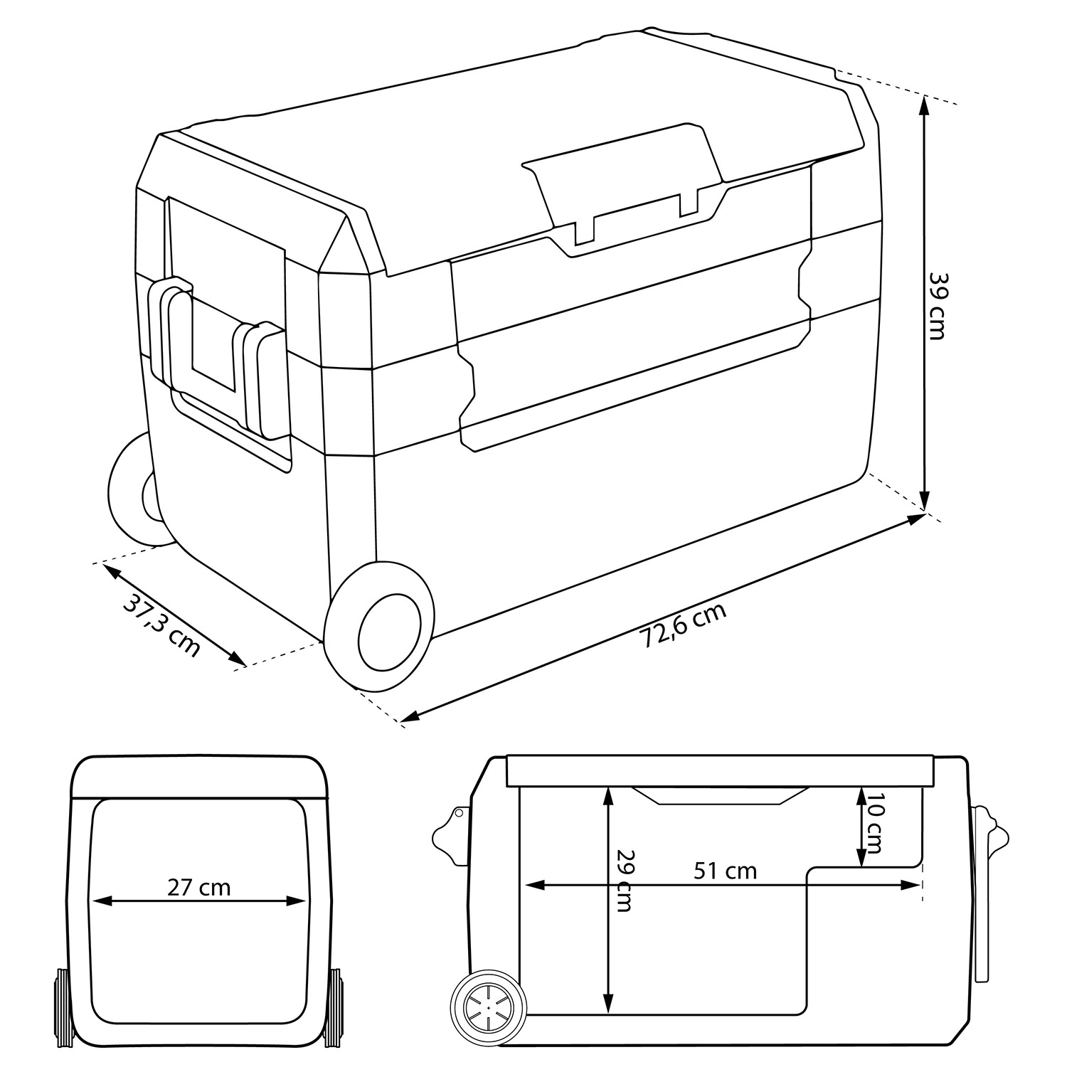 Rysunek liniowy chłodziarki z wymiarami. Pokazuje chłodziarkę z różnych perspektyw. Wymiary podane w cm.