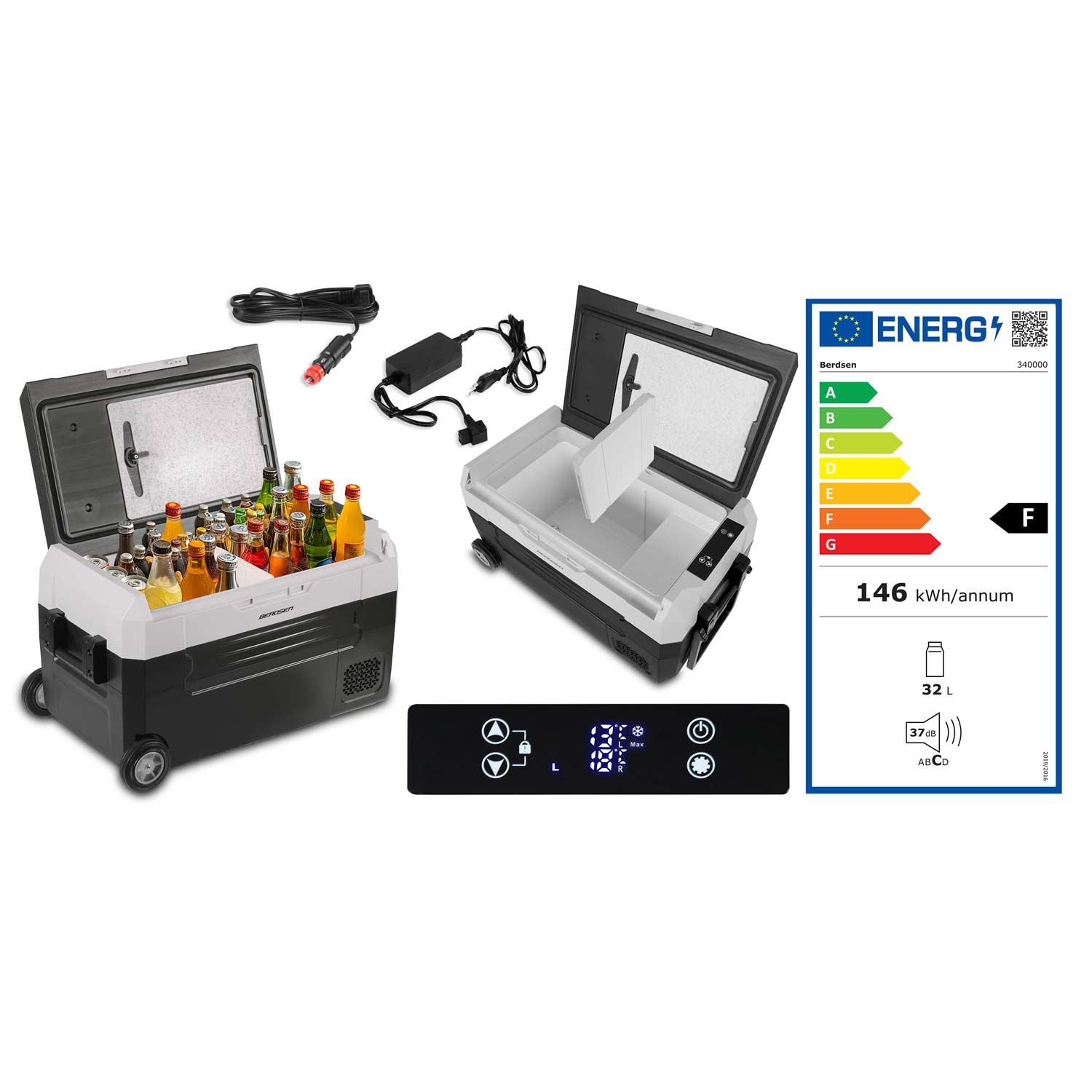 Otwarta czarno-biała chłodziarka z napojami w środku. Obok kable i etykieta energetyczna.