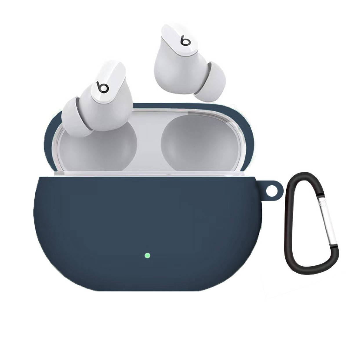 Auricolari Beats bianchi con custodia blu scuro e clip nera, il tutto su sfondo bianco.