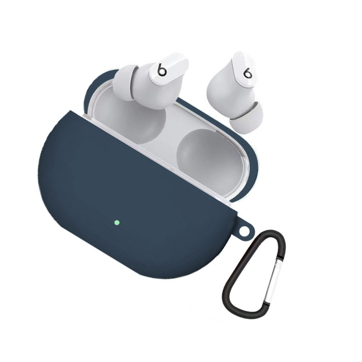 Auricolari Beats bianchi in una custodia blu navy. La custodia è aperta, mostrando gli auricolari. Un moschettone nero è attaccato.