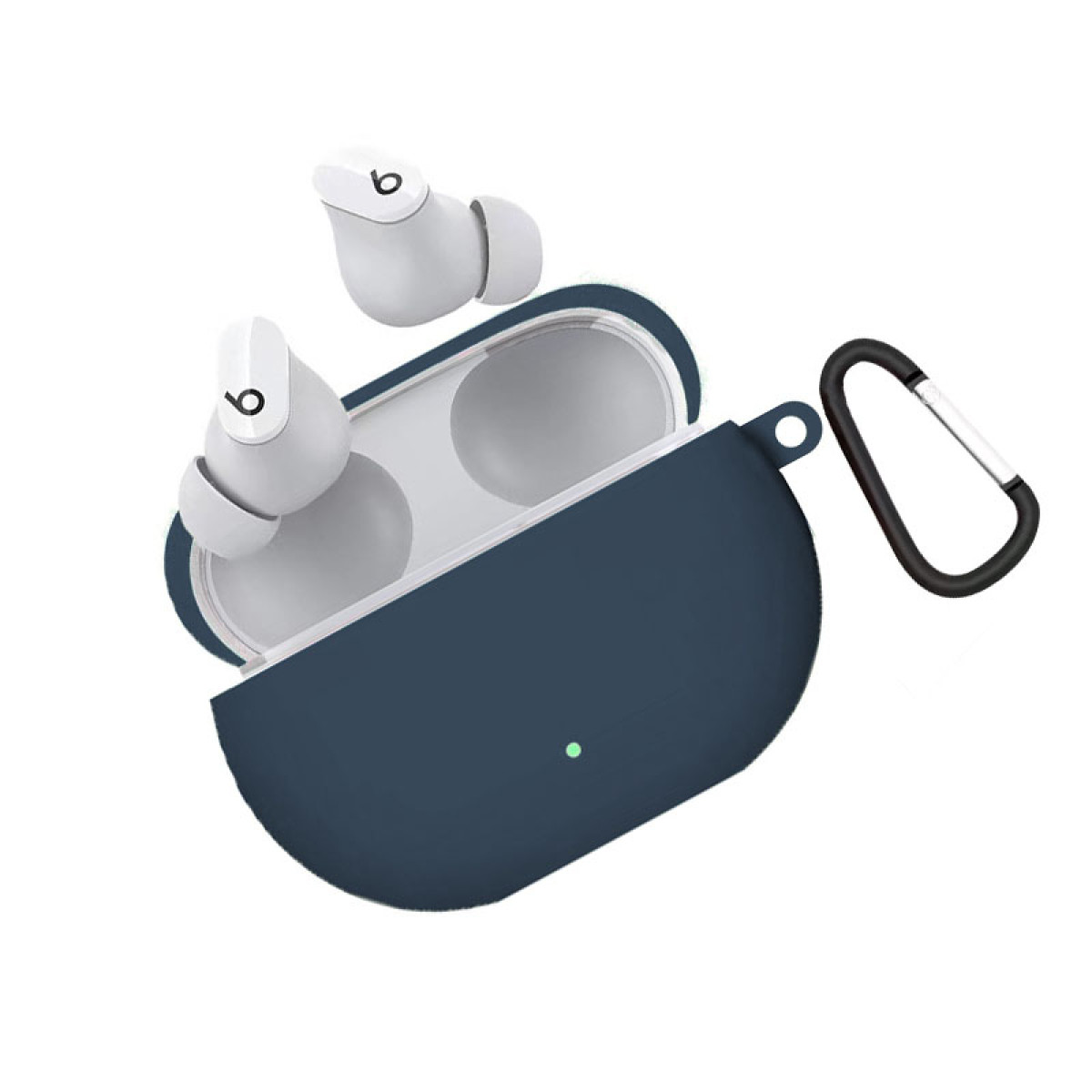 Auricolari Beats bianchi, custodia blu navy aperta con moschettone su sfondo bianco.