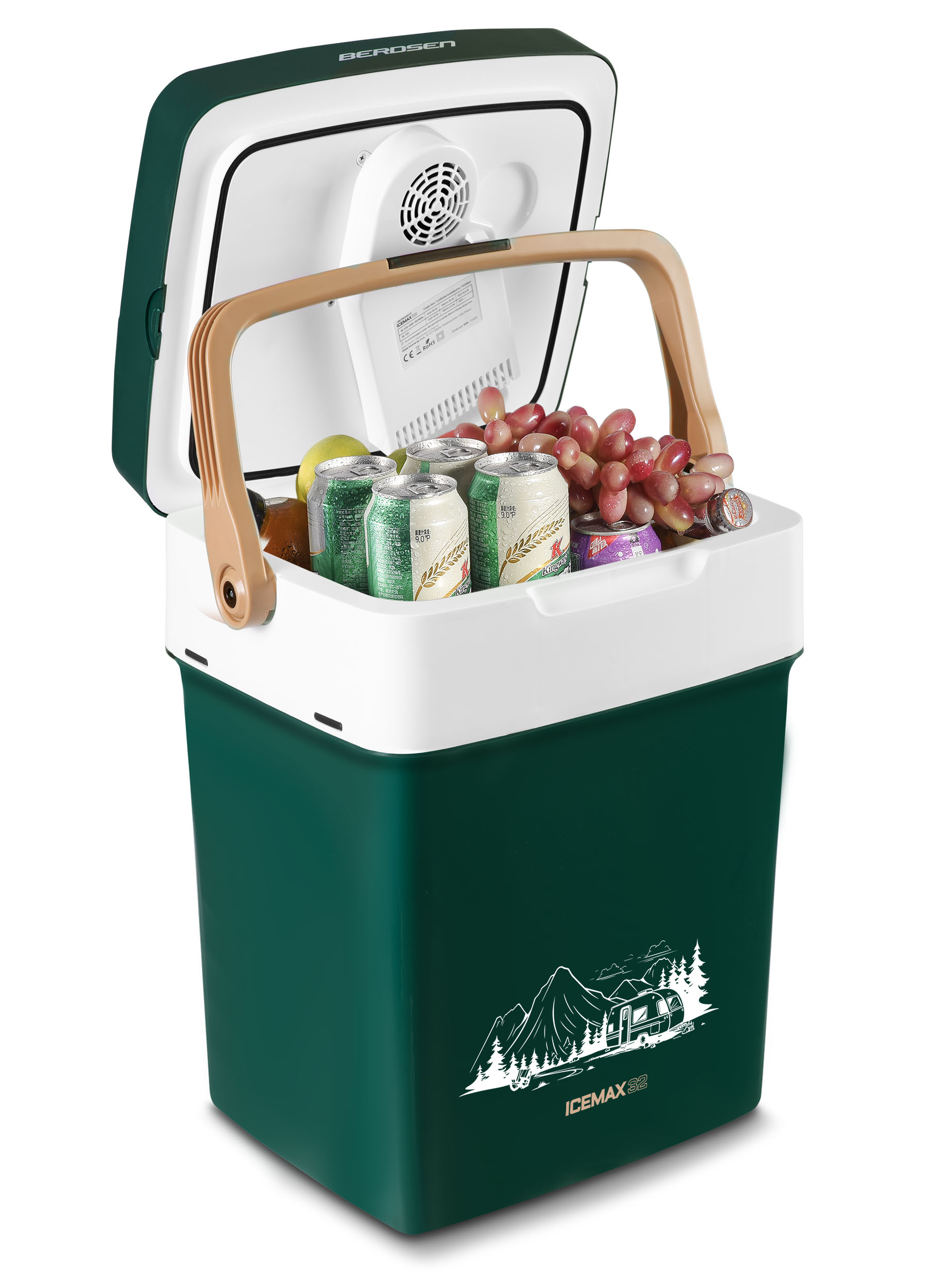 Zielona lodówka z otwartą pokrywą. Zawiera napoje i owoce. Beżowy uchwyt. Schemat kolorów biały i zielony. Logo ICEMAX 32.