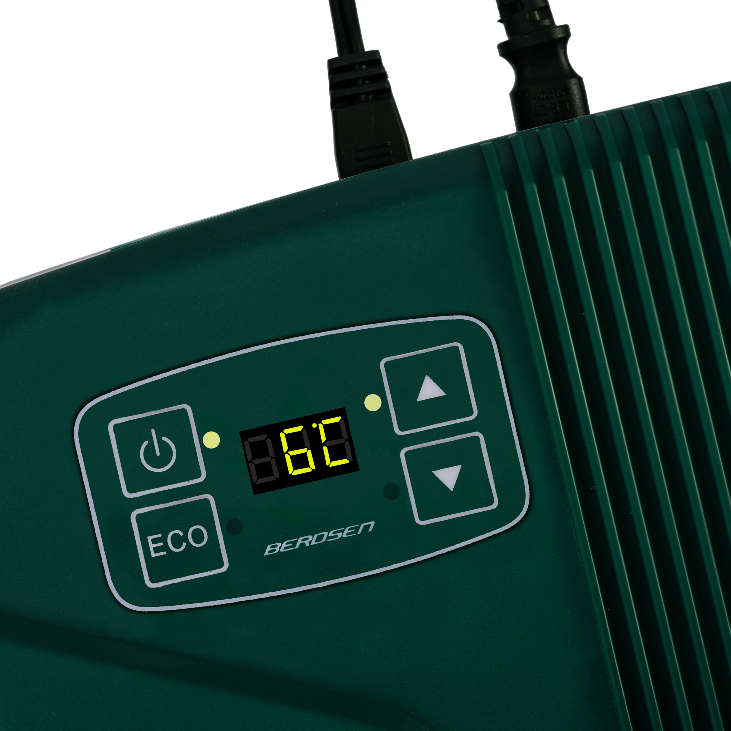 Zbliżenie ciemnozielonego urządzenia elektronicznego. Wyświetla temperaturę 60. Widoczny jest przycisk zasilania oraz strzałki.