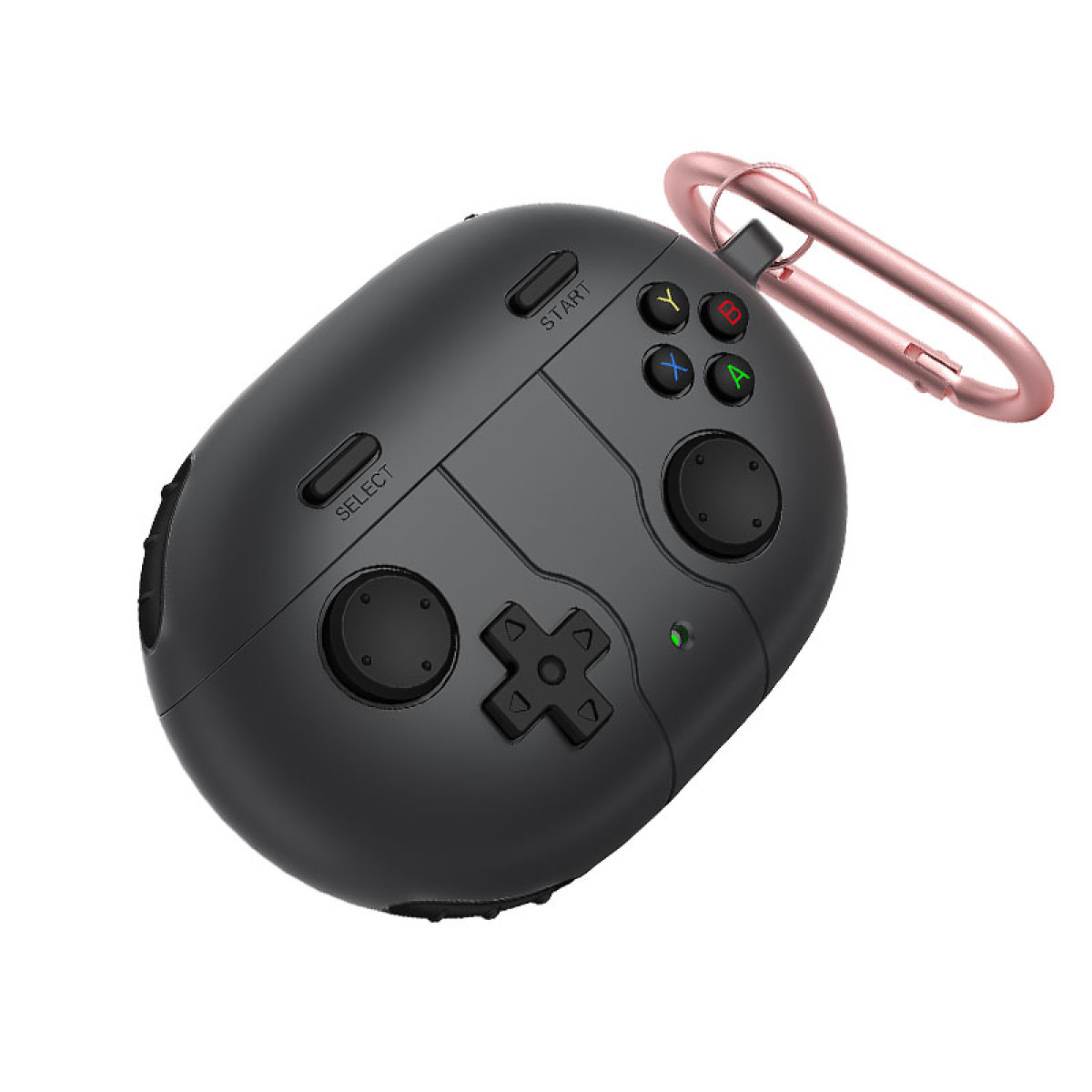 Controller di gioco nero con pulsanti, un pad direzionale e un moschettone rosa. Il controller è su sfondo bianco.
