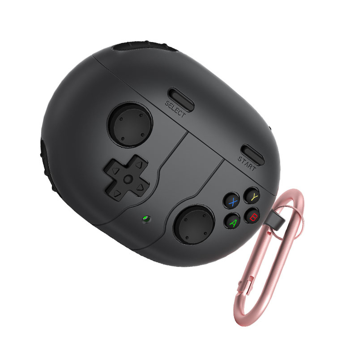 Un controller di gioco nero e arrotondato con pulsanti e un D-pad. Un moschettone color oro rosa è attaccato. Sfondo bianco.