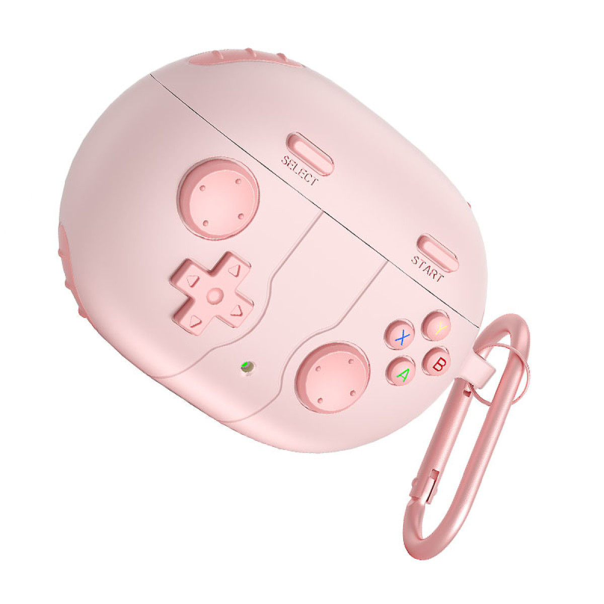 Ein rosa Gamecontroller-förmiges Gehäuse mit Knöpfen und einem Karabiner.