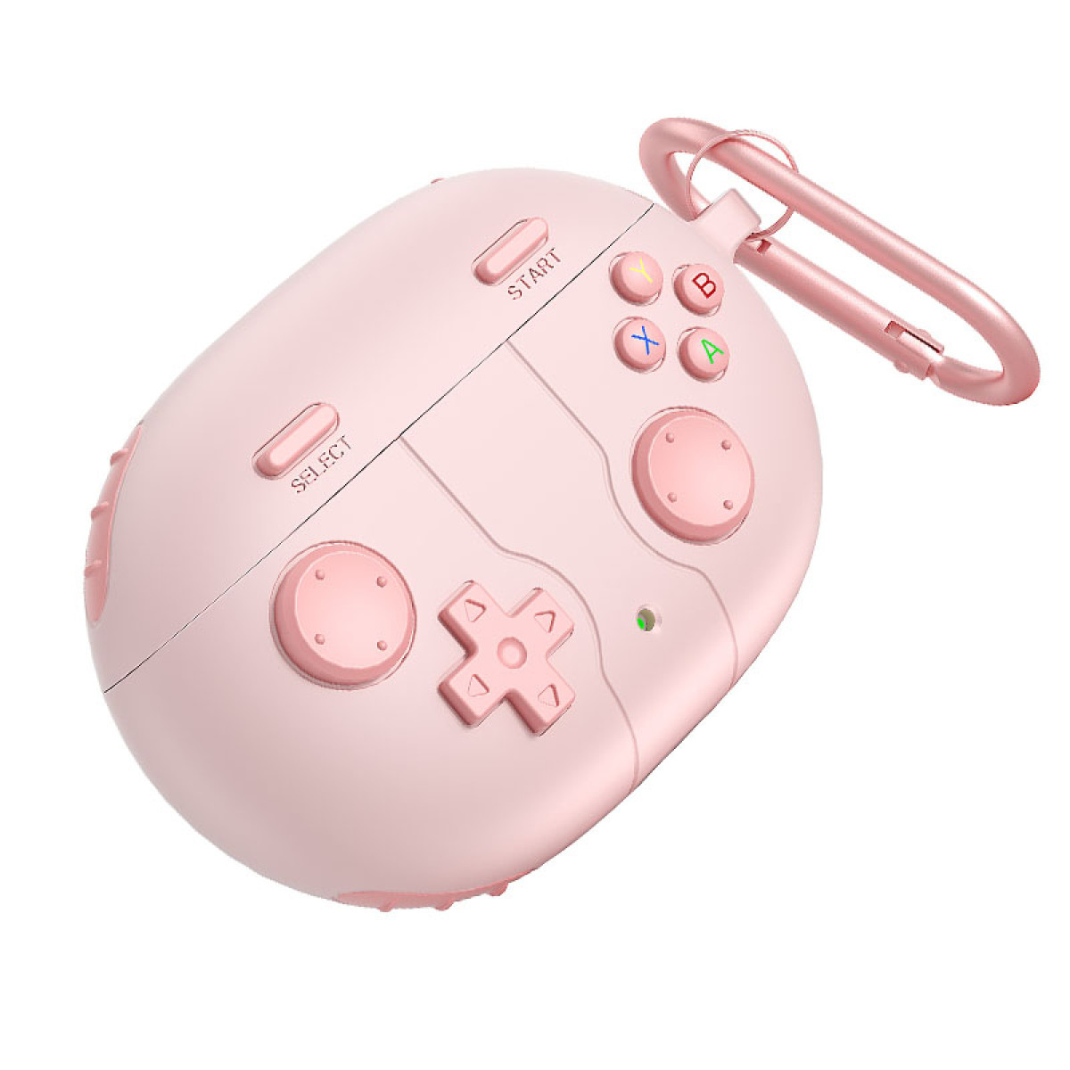 Ein rosa Ohrhörer-Etui in Form eines Gamecontrollers mit Knöpfen und einem Karabiner. Die Knöpfe sind rosa und mit Buchstaben und Richtungspfeilen beschriftet.
