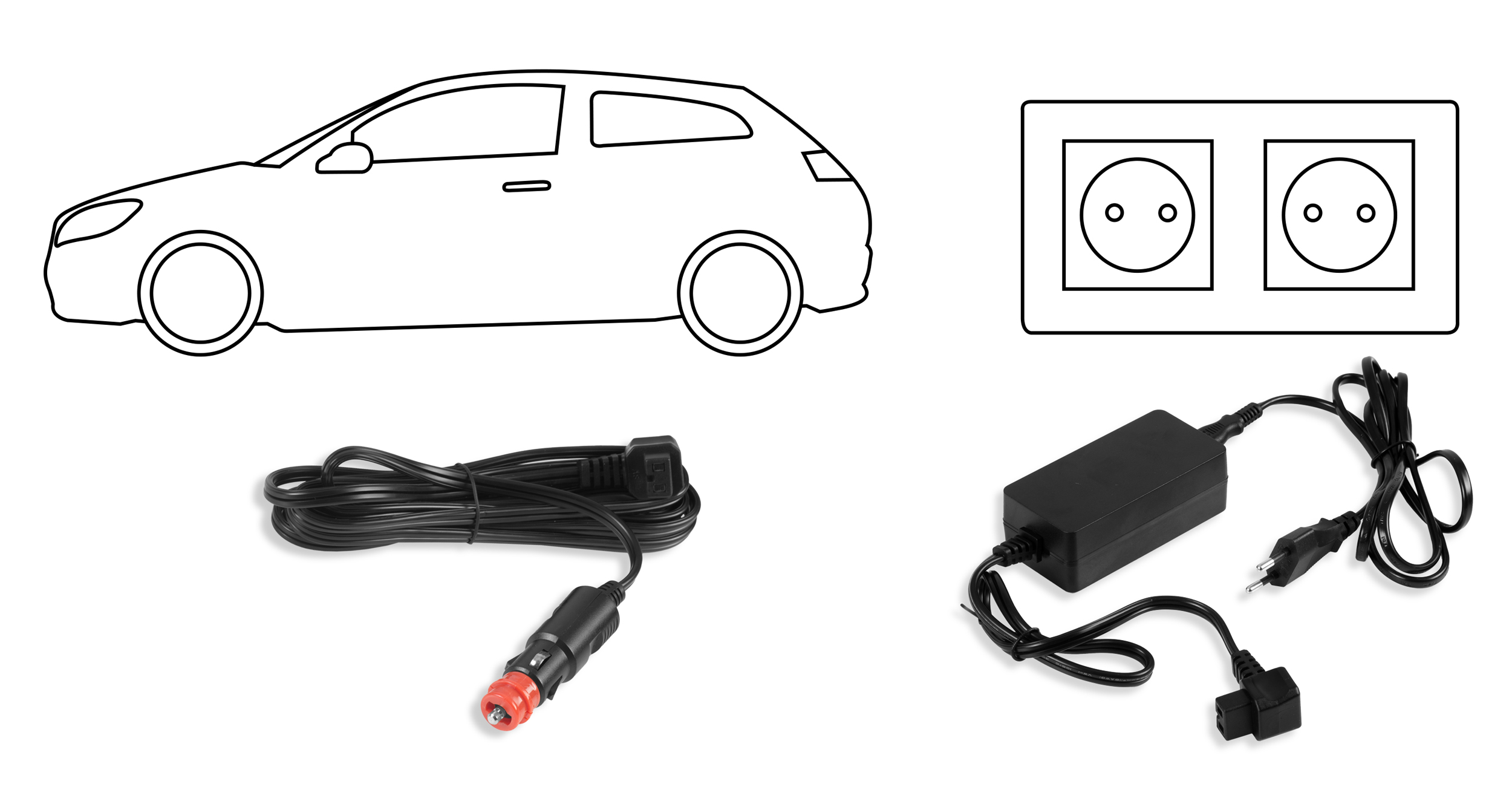 Zarys samochodu, podwójne gniazdo elektryczne i czarne zasilacze z kablami na białym tle.