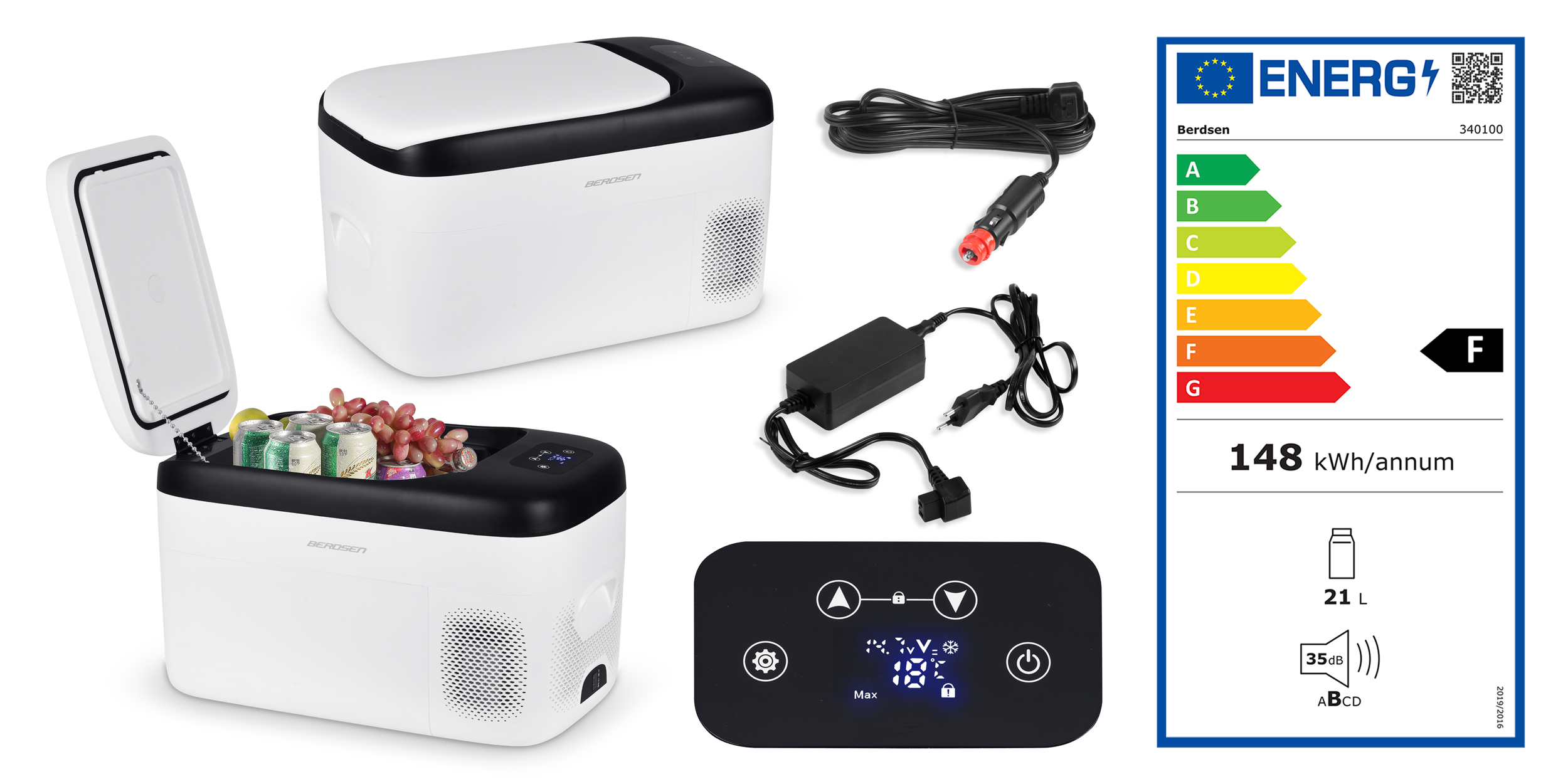 Biało-czarna przenośna lodówka z otwartą pokrywą i zawartością, wraz z etykietą energetyczną i adapterami.