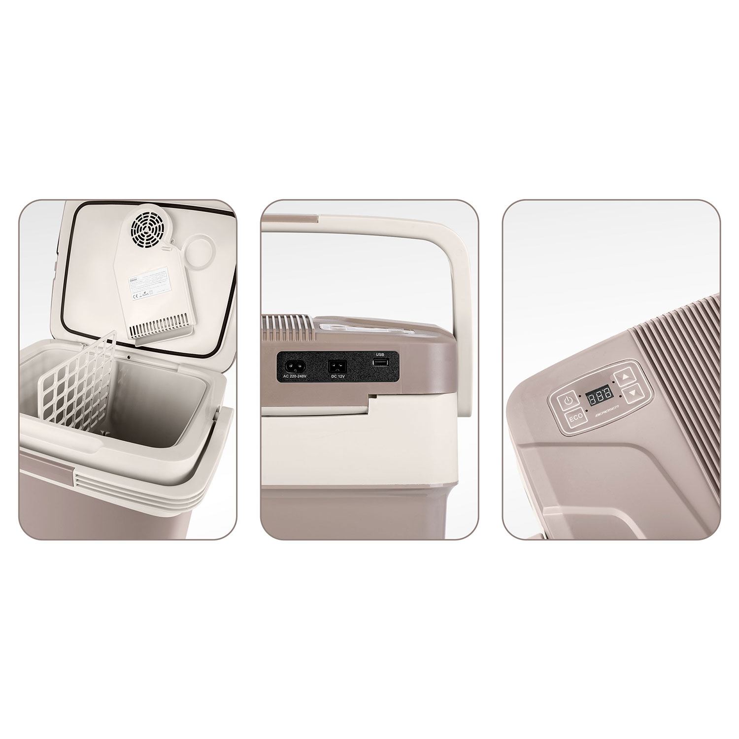 Trzy widoki beżowej przenośnej chłodziarki. Posiada uchwyt i panel sterowania. Otwarta chłodziarka pokazuje szczegóły wnętrza. Pokazano porty wejściowe zasilania.