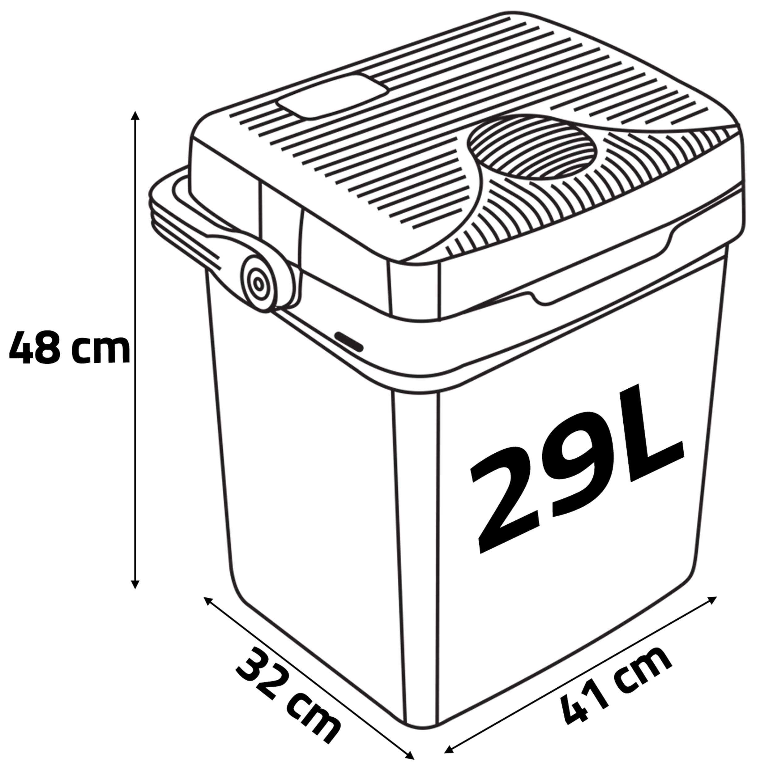 Pokazano pojemnik 29L o wymiarach 48cm wysokości, 32cm szerokości i 41cm głębokości. Ma pokrywę.