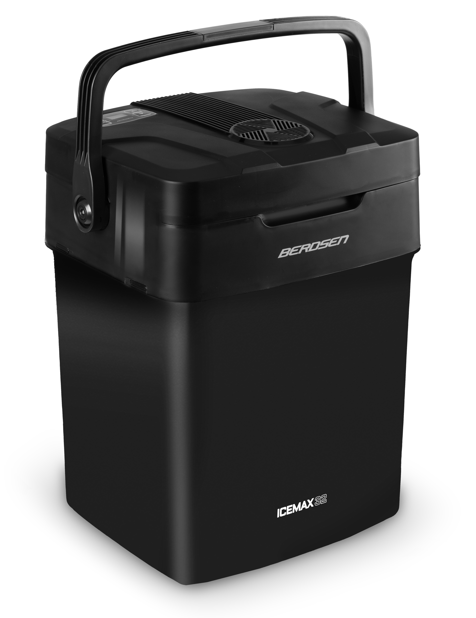 Czarna lodówka Berdsen ICEMAX 32 z uchwytem. Pokrywa posiada wentylację. Pudełko stoi na białym tle.