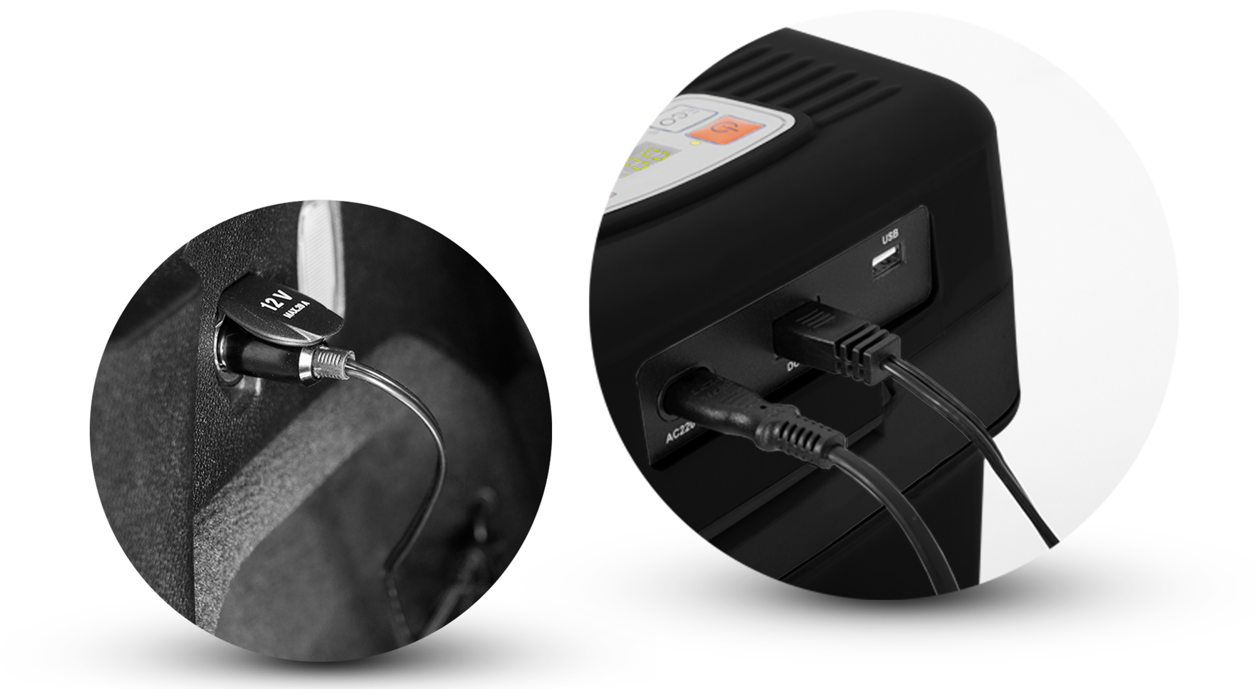 Czarne urządzenie z podłączonymi kablami. Jeden kabel w gnieździe 12V, drugi w porcie USB.