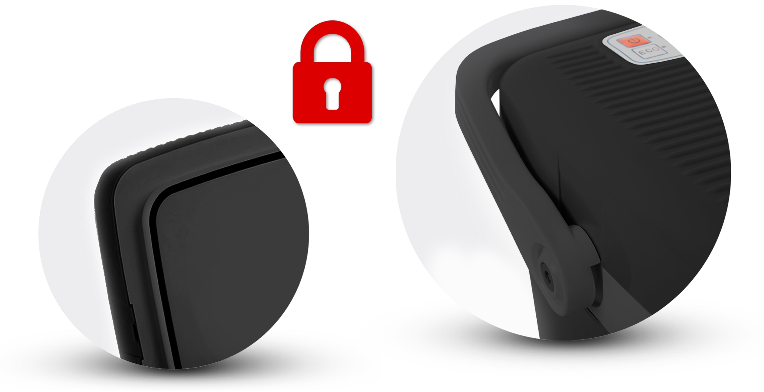 Obraz przedstawia dwa zbliżenia czarnego urządzenia. Czerwona ikona kłódki jest na środku. Urządzenie ma uchwyt i przyciski.
