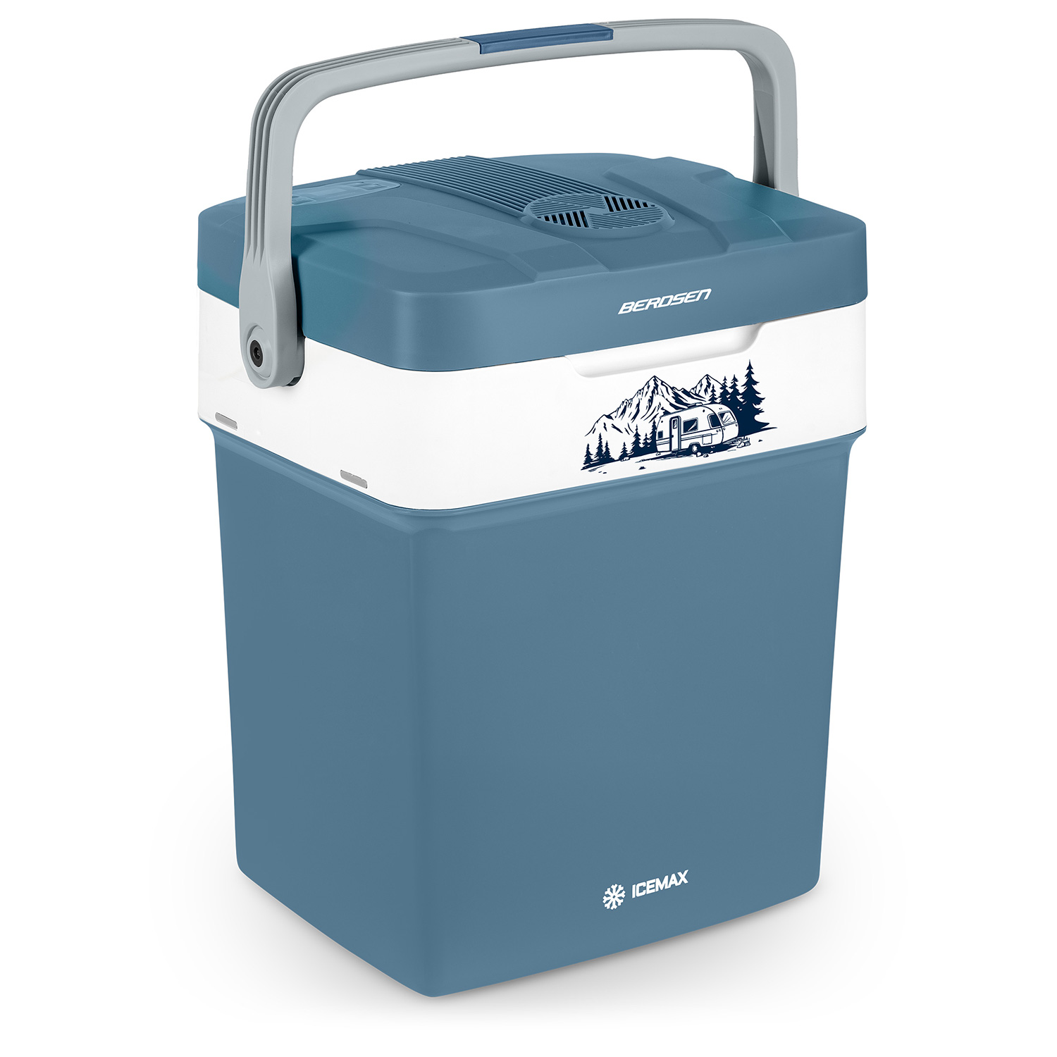 Niebieska i biała lodówka z uchwytem. Ma wzór góry i kampera. Marka to Berosen. Widnieje napis ICEMAX.