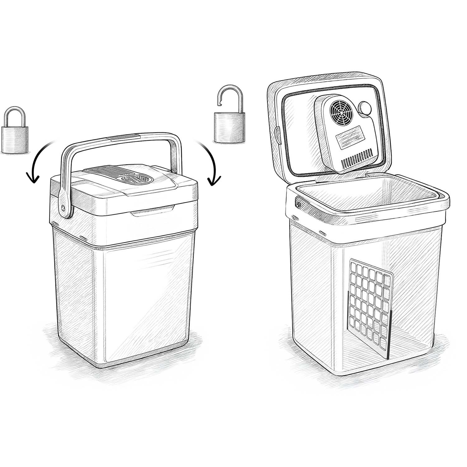 Ilustracja chłodziarki, zamkniętej i otwartej. Zamek pokazuje odblokowywanie chłodziarki. Otwarta chłodziarka pokazuje elementy wewnętrzne.