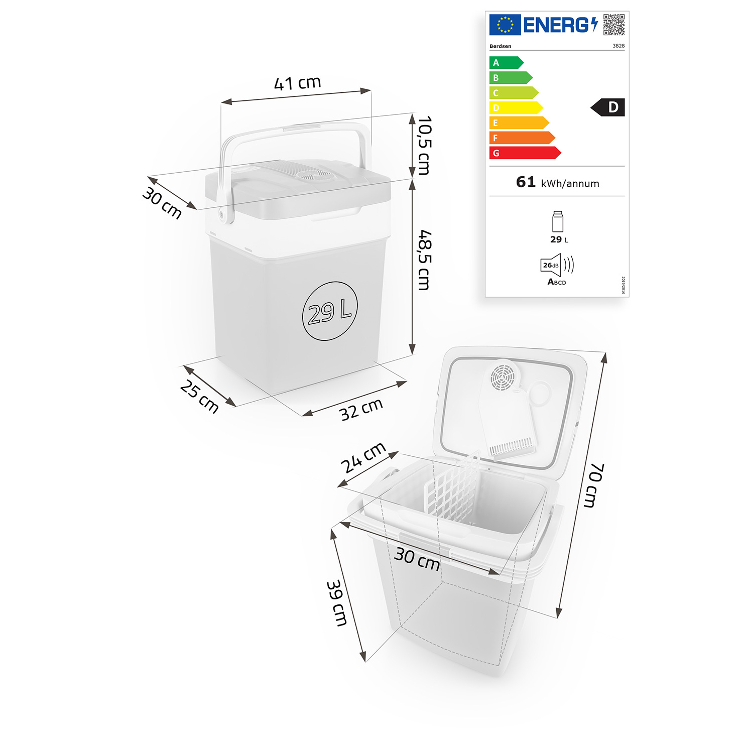 Biała chłodziarka z wymiarami. Etykieta energetyczna pokazuje ocenę D. Chłodziarka jest otwarta, aby pokazać wewnętrzną komorę.
