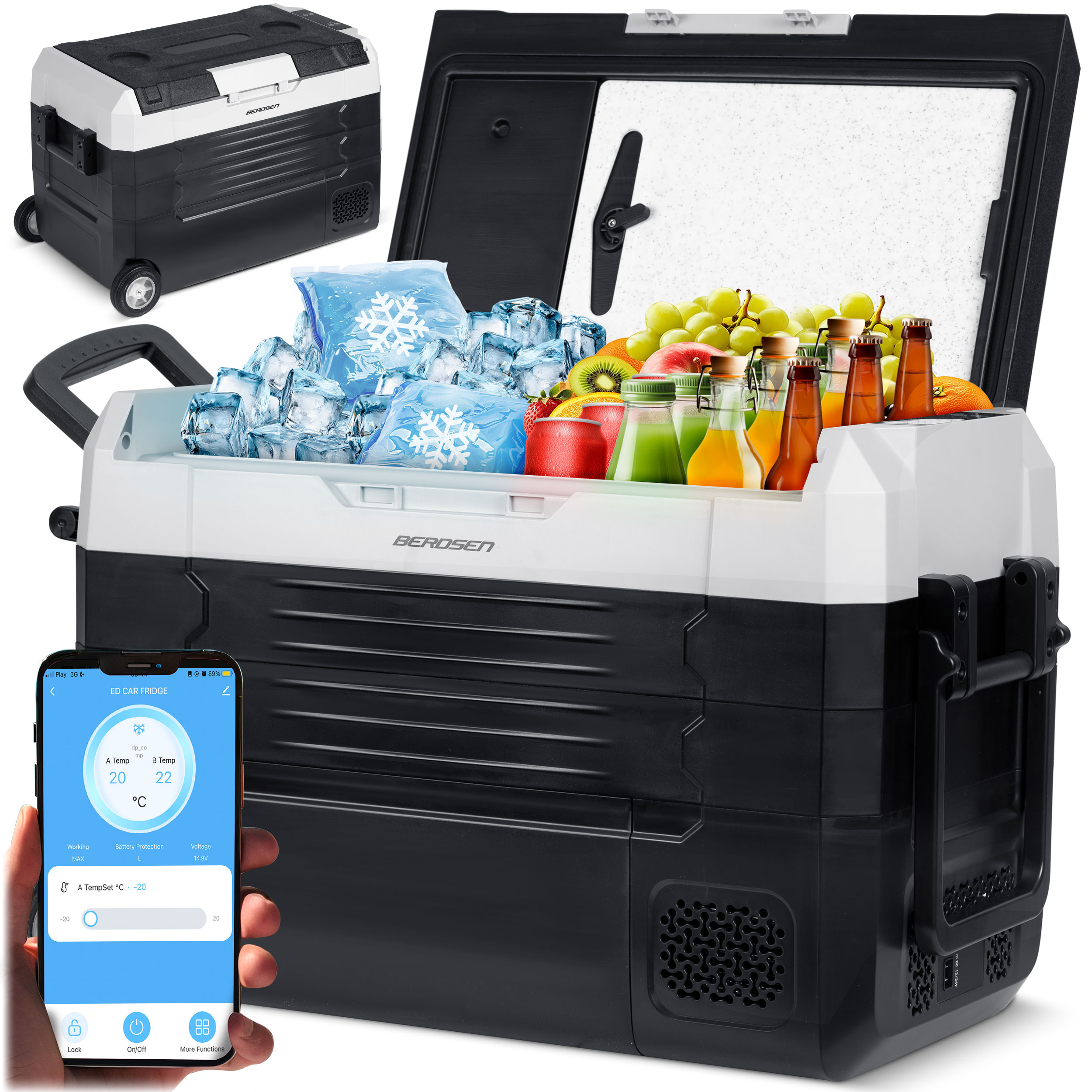 Otwarta czarno-biała chłodziarka z jedzeniem i lodem. Telefon pokazuje temperaturę chłodziarki. Druga chłodziarka po lewej.