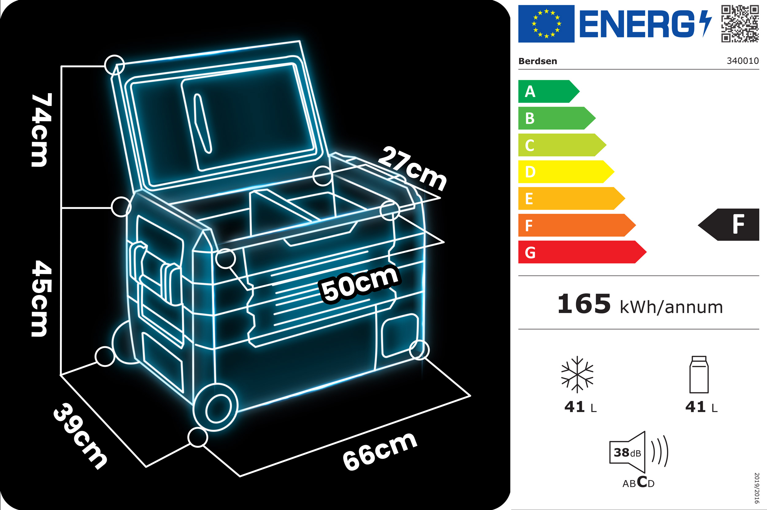 Przenośna lodówka z wymiarami, etykietą energetyczną F i szczegółami objętości.
