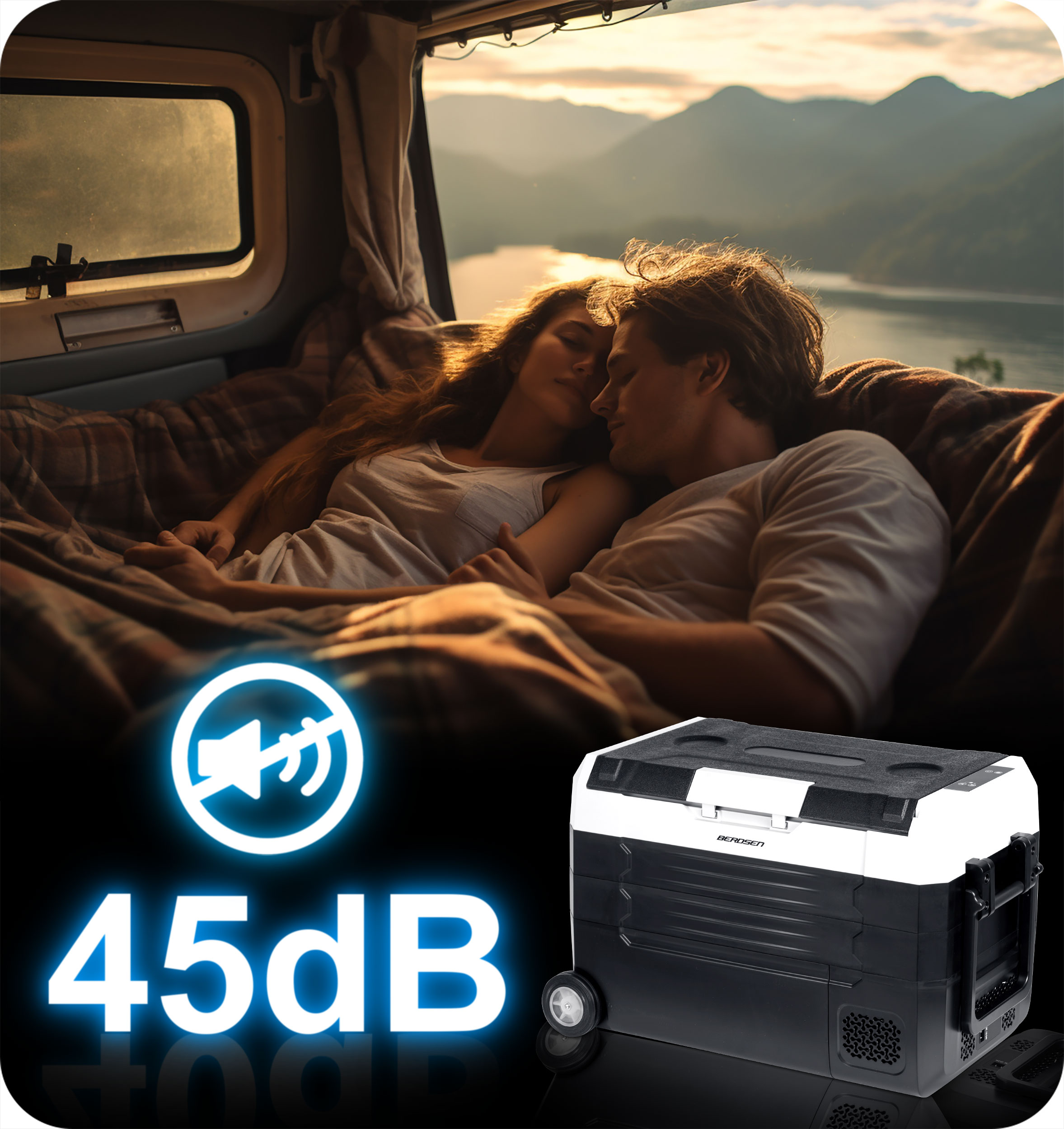 Para leży w vanie, w tle góry. Chłodziarka jest pokazana z tekstem 45dB i ikoną wyciszenia.