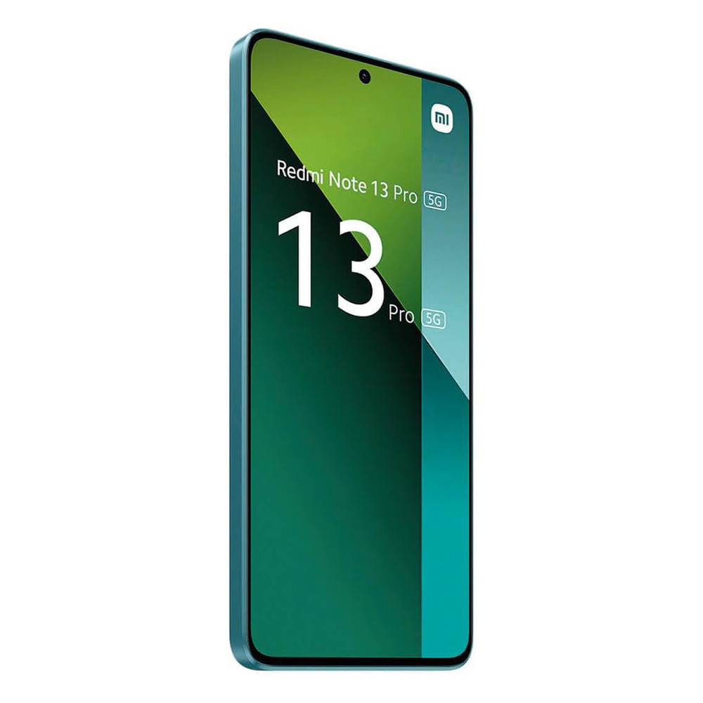 Uno smartphone con schermo che mostra 'Redmi Note 13 Pro 5G' e il numero '13'. Il telefono ha una cornice verde acqua e schermo sfumato verde.