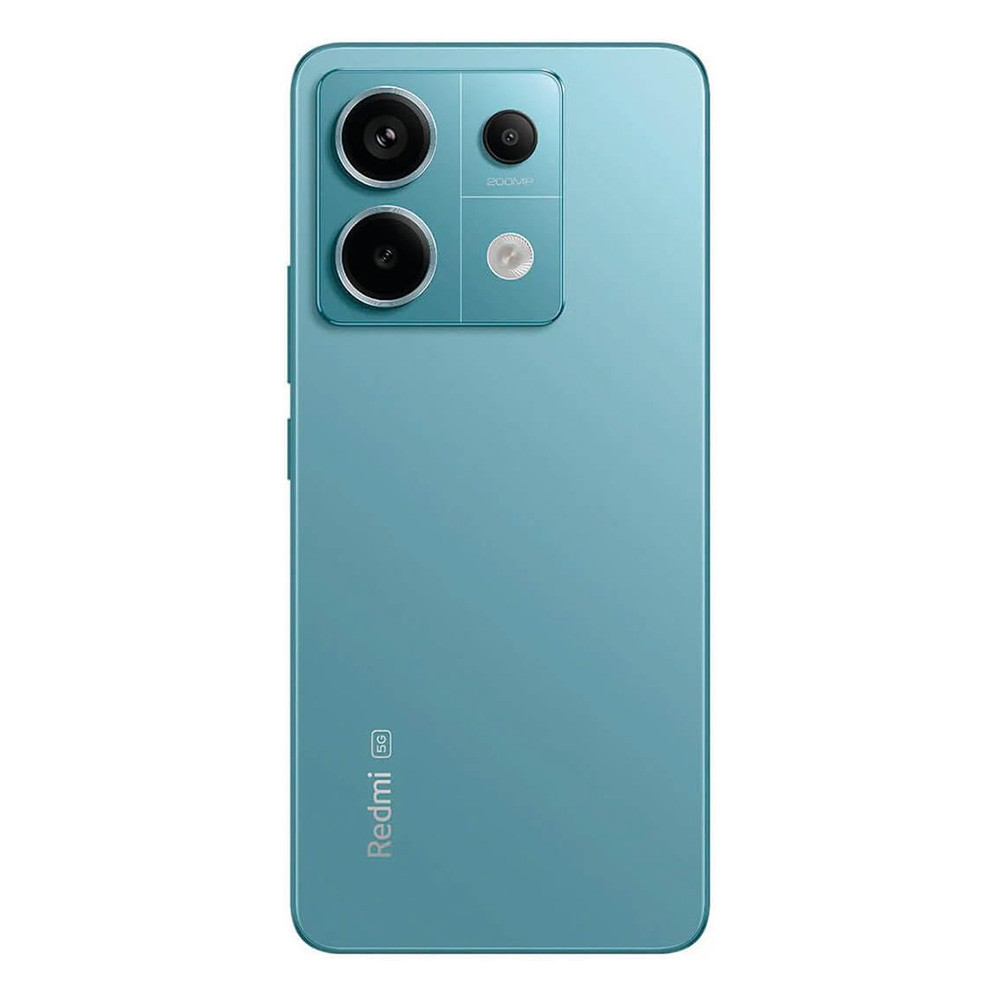 Retro del telefono Redmi 5G blu. Doppia fotocamera, flash e logo Redmi. Marchio lente 200MP.