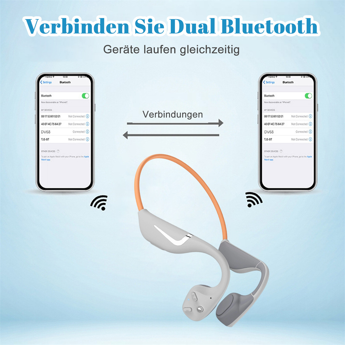 Das Bild zeigt zwei Telefone, die sich mit einem grauen Headset verbinden. Text sagt 'Verbinden Sie Dual Bluetooth' und 'Geräte laufen gleichzeitig'.