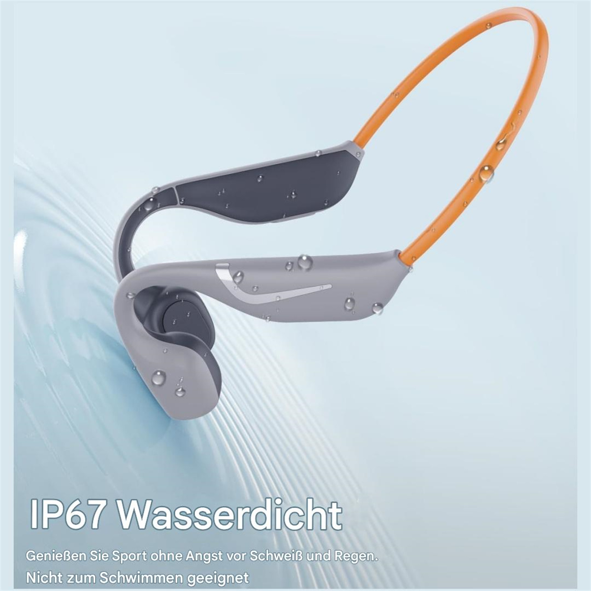 Graue und orangefarbene Sportkopfhörer mit Wassertropfen. Der Text lautet 'IP67 Wasserdicht' (wasserdicht).